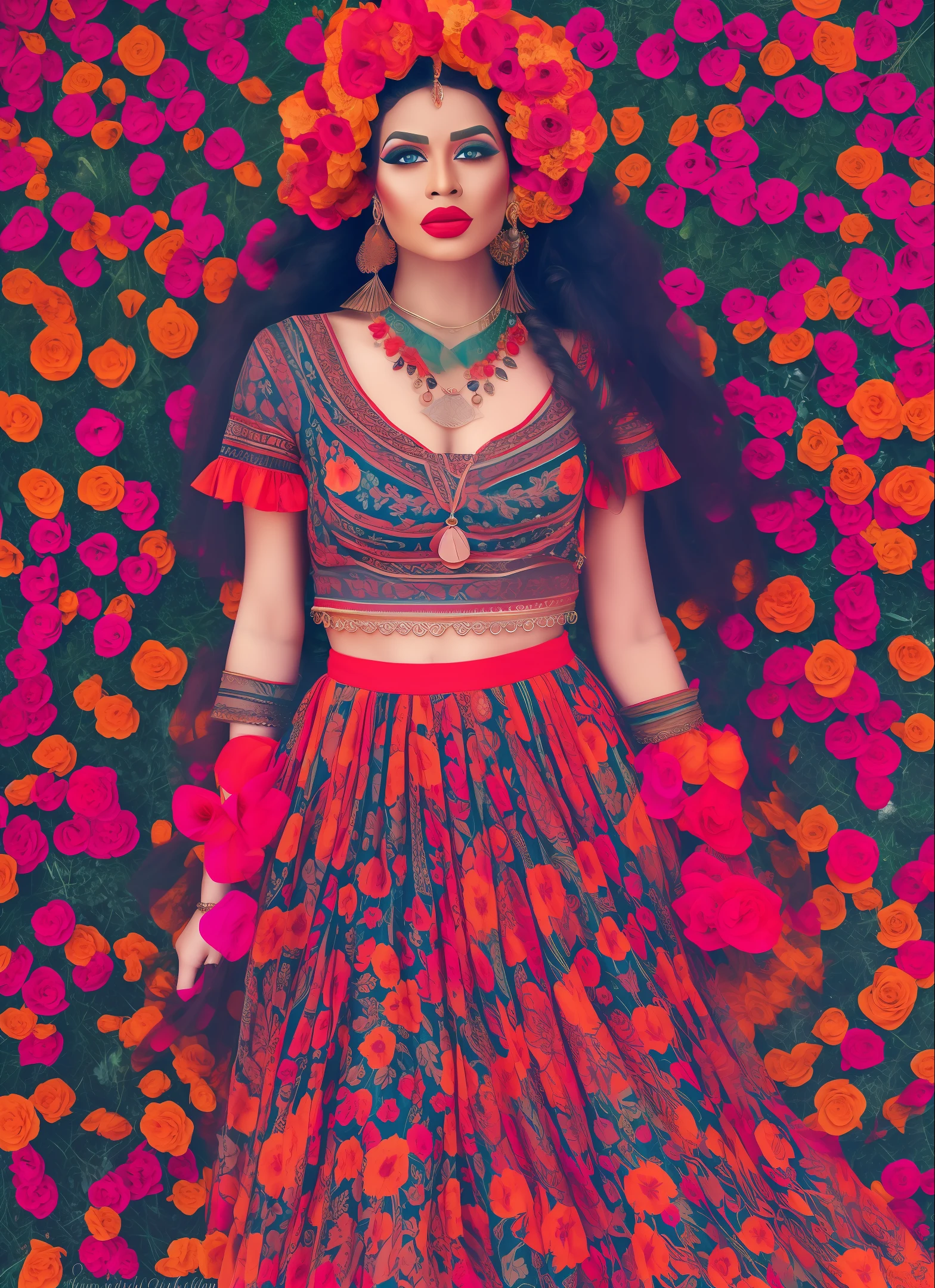Woman dressed like a gypsy. Dressed with red petals. with many big jewels. Casting a spell.  hair in the wind. dressed in seven colored skirts. --auto --s2