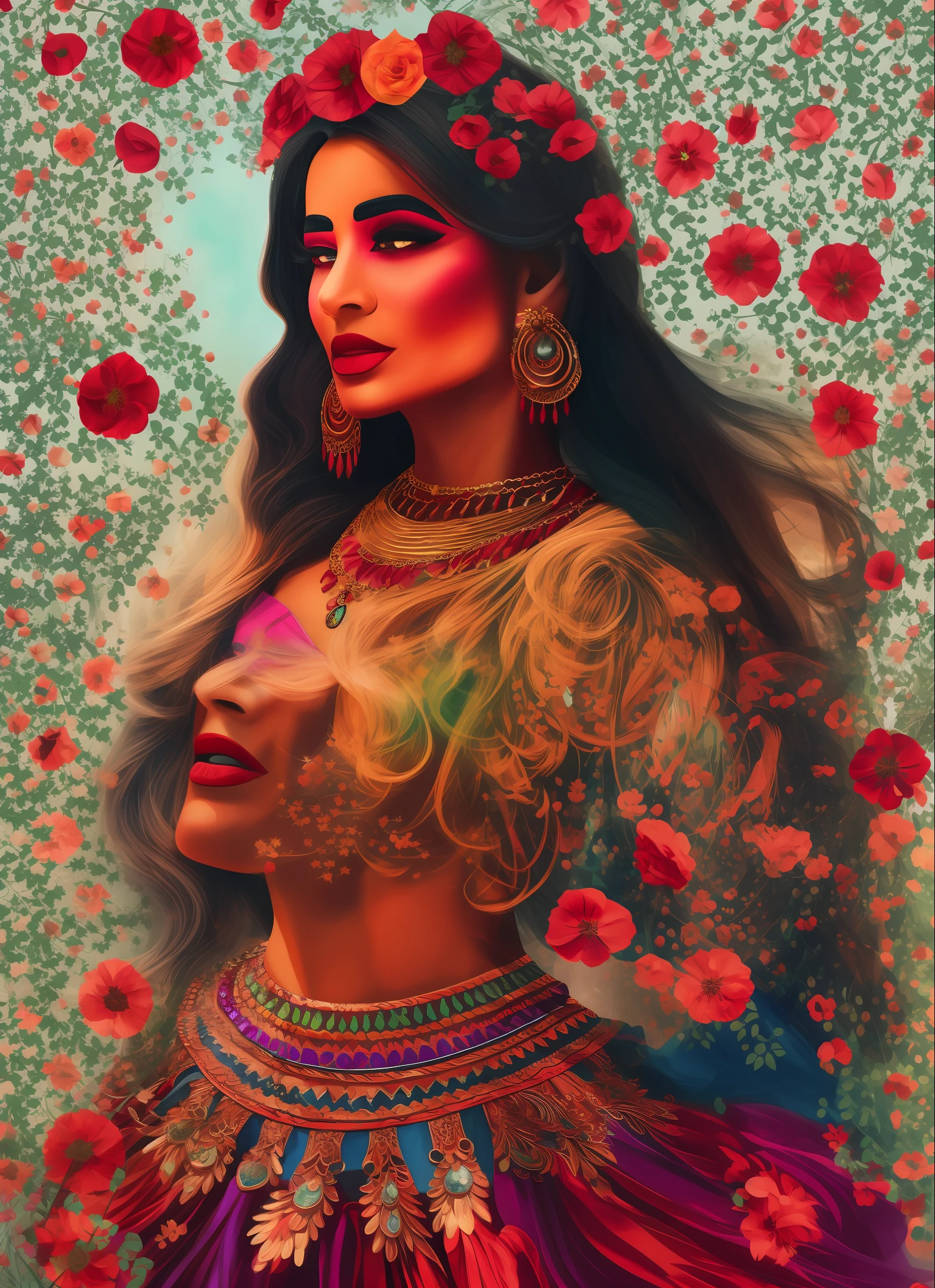 Woman dressed like a gypsy. Dressed with red petals. with many big jewels. Casting a spell. hair in the wind. dressed in seven colored skirts. --auto --s2
