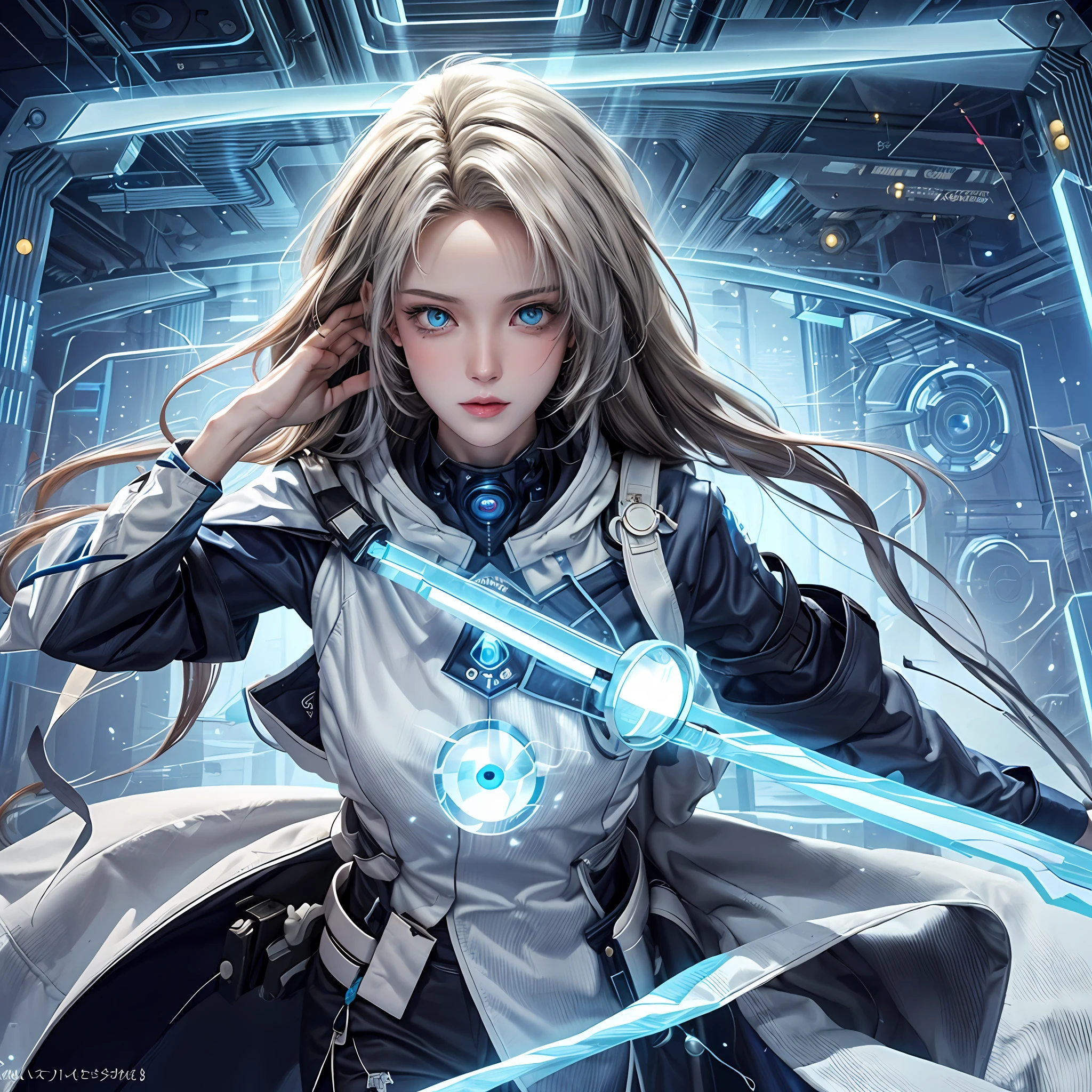 prompt:(futuristic), (mystical), (magical),(ethereal being), (advancedtechnology), (hightechrobes),( futuristicstaff),(orbitingholograms),( cybernetichands),(nanomagichood), (faceshield),(glowingeyes),( majesticpose),( powerfulstance),(defendsjustice)
