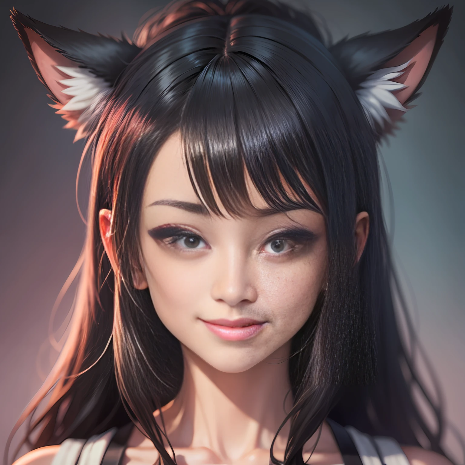 black hair, hair bobbles, wince, longeyelashes, solid circle eyes, fake animal ears, light smile, ear blush, fang, Surrealism, drop shadow, anaglyph, stereogram, tachi-e, pov, atmospheric perspective, 8k, super detail, ccurate, best quality