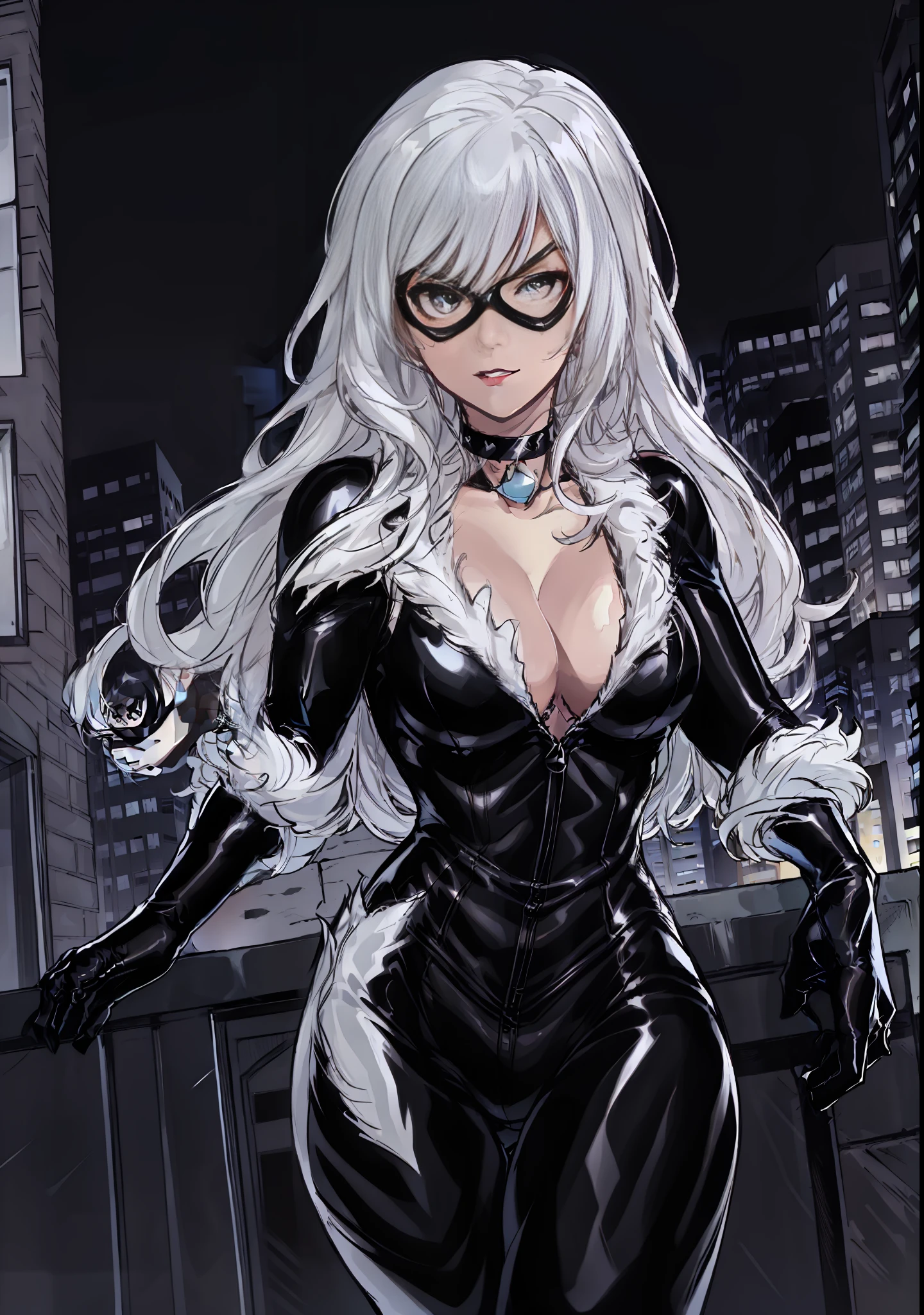 (masterpiece), realistic, HDR, highly detailed, 8k,
occlusion of the environment, natural composition, harmonious, cinematic poster of Felicia "Black Cat" female Marvel character Sexy, white hair, wearing mask of the costume "Black Cat", in dynamic and sensual pose, on top of a building under the moonlight in New York, holding a diamond in her hand, Wearing a costume in black latex with white hair. Warm body, detailed face, detailed, big breasts, glowing skin