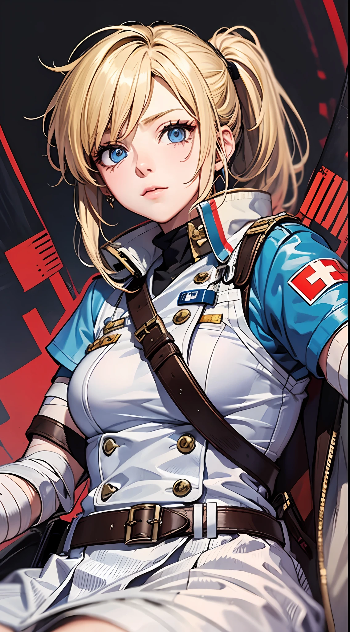 Battlefield, war, medical tent, medic girl, medic soldier uniform, focused, blood, bandages, blonde, ponytail, blue eyes, armband