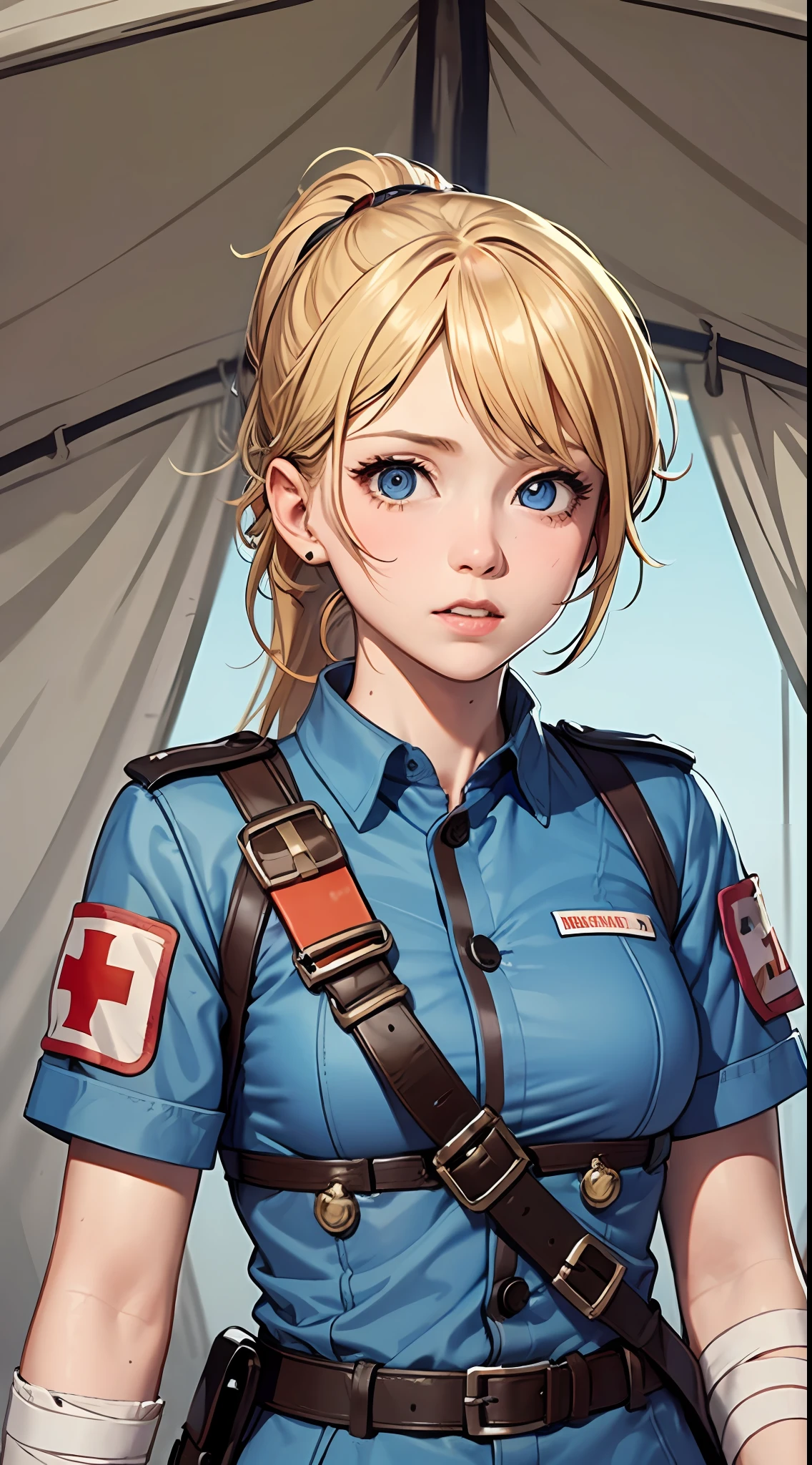 Battlefield, war, medical tent, medic girl, medic soldier uniform, focused, blood, bandages, blonde, ponytail, blue eyes, armband