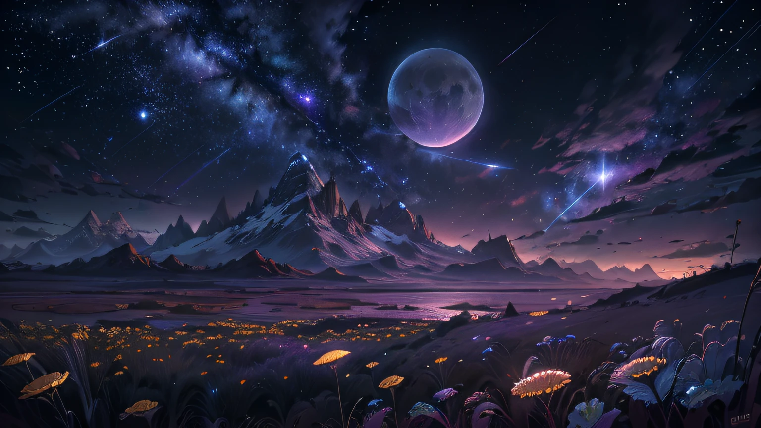 (Absurd, Cinematic, UHD, tallest, ultra detailed, ultra detailed), dark purple sky, nebula in the sky, last 5 in the sky, big moon in the sky, shooting star, dandelion field, mountain, oil painting, detailed dandelion field, detailed sky, sunset, unreal engine 4k wallpaper