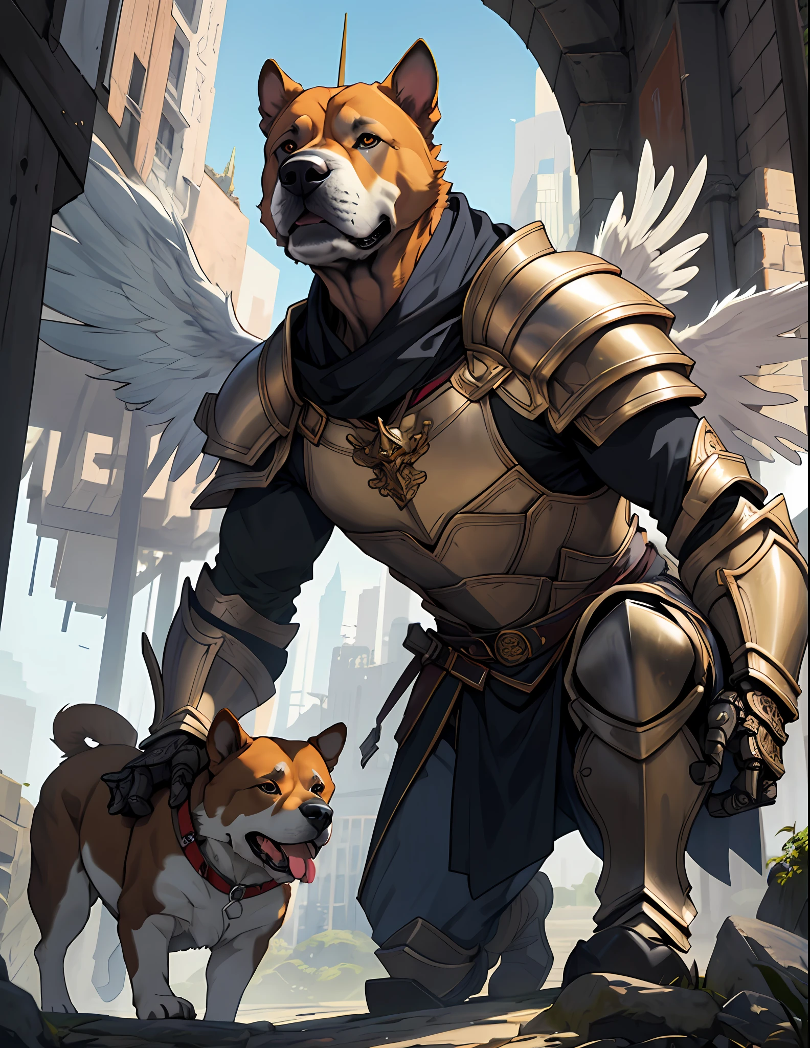 ((raw photo)), Bull terrier, chow chow, American Dog, anthro, BulDog, Anthropomorphic, AngelDog, breed, wearing armor, intricate detail, Futobot, intricate Greebles pieces, Golden celestial city behind, large wings.
