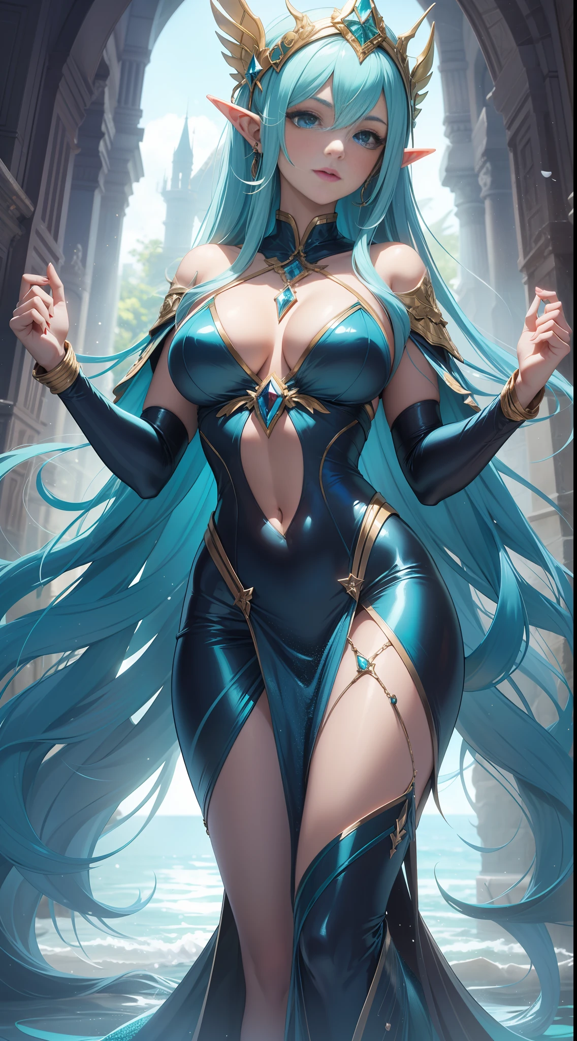 Perspective frontal view, 3D sculpture, high detail, Two demihumans, Divine, seductive, an elf and a mermaid, dazzle with their divine perfection. The elf, with her ethereal beauty and delicate features, has golden hair that cascades over her shoulders. His eyes shine with an ancestral wisdom, while his pointed ears denote his magical lineage. The mermaid, with her luminous skin and gleaming tail, exudes a seductive and mysterious aura. Her long, flowing hair glows in shades of blue and green, reflecting the magic of the ocean depths. Together, these demihumans embody perfection in its most captivating and engaging form, Level of Detailed Realism