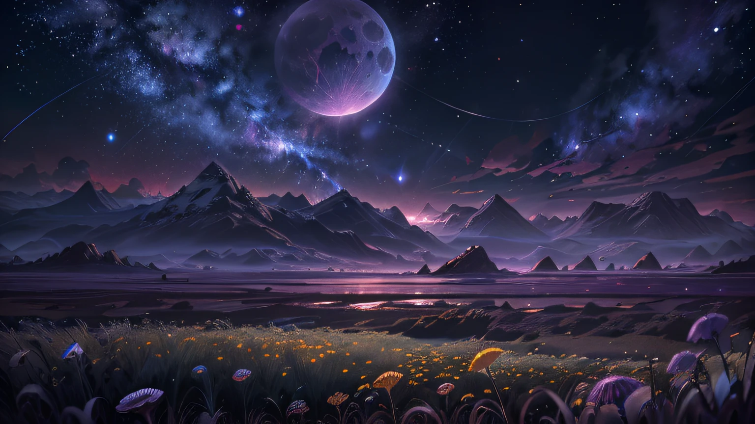 (Absurd, Cinematic, UHD, tallest, ultra detailed, ultra detailed), dark purple sky, nebula in the sky, last 5 in the sky, big moon in the sky, shooting star, dandelion field, mountain, oil painting, detailed dandelion field, detailed sky, sunset, unreal engine 4k wallpaper