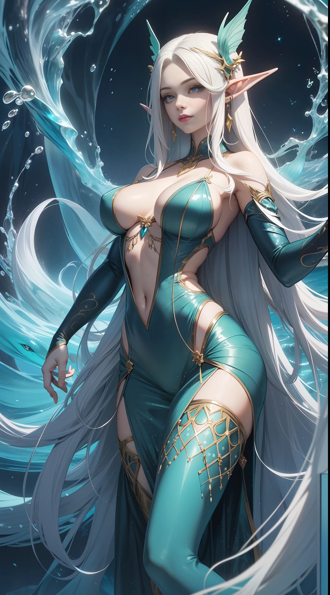 Perspective frontal view, 3D sculpture, high detail, Two demihumans, Divine, seductive, an elf and a mermaid, dazzle with their divine perfection. The elf, with her ethereal beauty and delicate features, has golden hair that cascades over her shoulders. His eyes shine with an ancestral wisdom, while his pointed ears denote his magical lineage. The mermaid, with her luminous skin and gleaming tail, exudes a seductive and mysterious aura. Her long, flowing hair glows in shades of blue and green, reflecting the magic of the ocean depths. Together, these demihumans embody perfection in its most captivating and engaging form, Level of Detailed Realism
