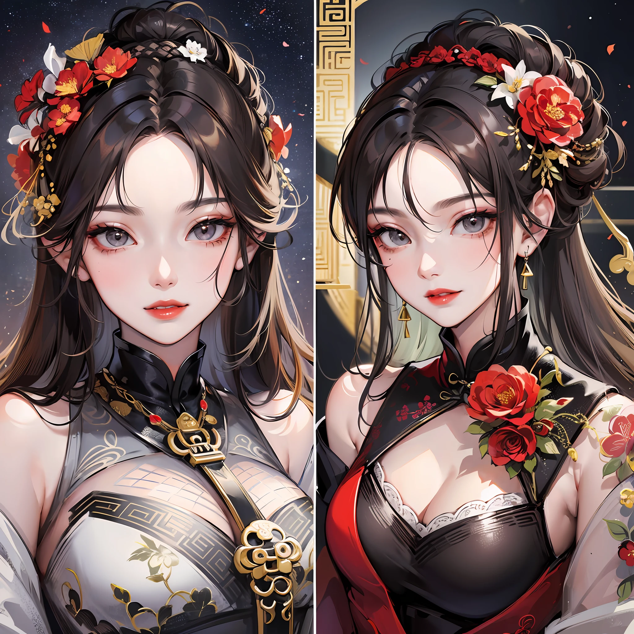 Masterpiece, Superb Style, Night, Full Moon, 1 Woman, Mature Woman, Chinese Style, Antique Chinese, Sister, Royal Sister, Smile, Brunette Hair, Updo, Red Lips, Calm, Intellectual, Princess Scissors, Hairpins, Hair Flowers, Detailed Facial Details, Detailed Eyes, Full Body, Gray Eyes --auto --s2