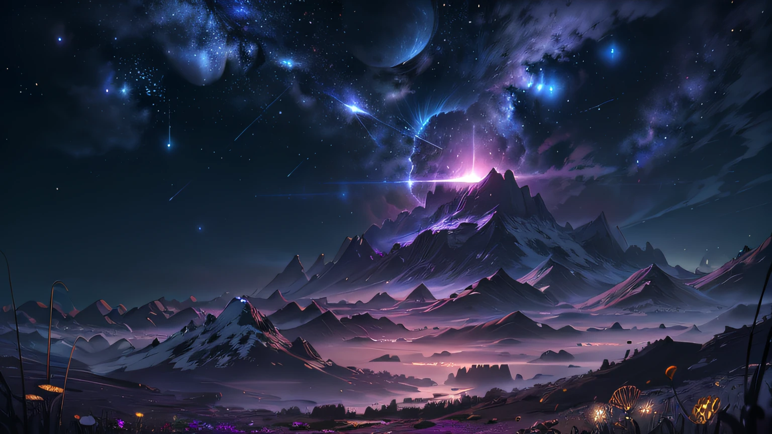 (Absurd, Cinematic, UHD, tallest, ultra detailed, ultra detailed), dark purple sky, nebula in the sky, last 5 in the sky, big moon in the sky, shooting star, dandelion field, mountain, oil painting, detailed dandelion field, detailed sky, sunset, unreal engine 4k wallpaper