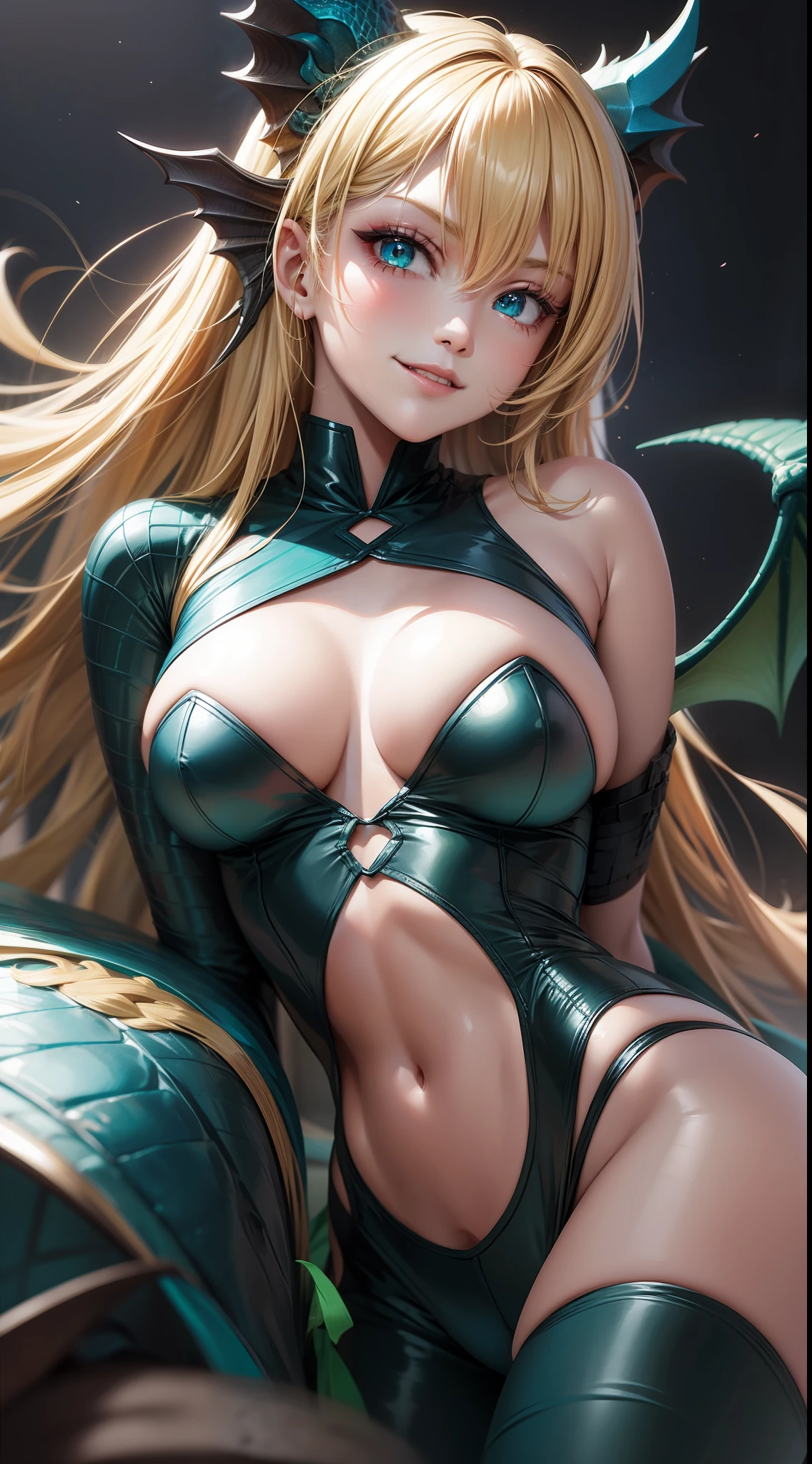 Young girl, long blonde hair, cyan eyes, red ninja shape, inner sideboob, dragon, smirk, masterpiece, high quality