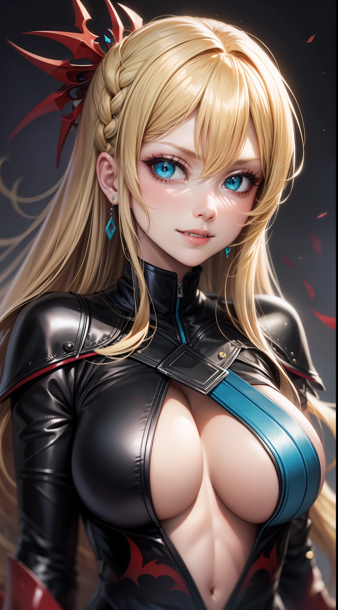 Young girl, long blonde hair, cyan eyes, red ninja shape, inner sideboob, dragon, smirk, masterpiece, high quality