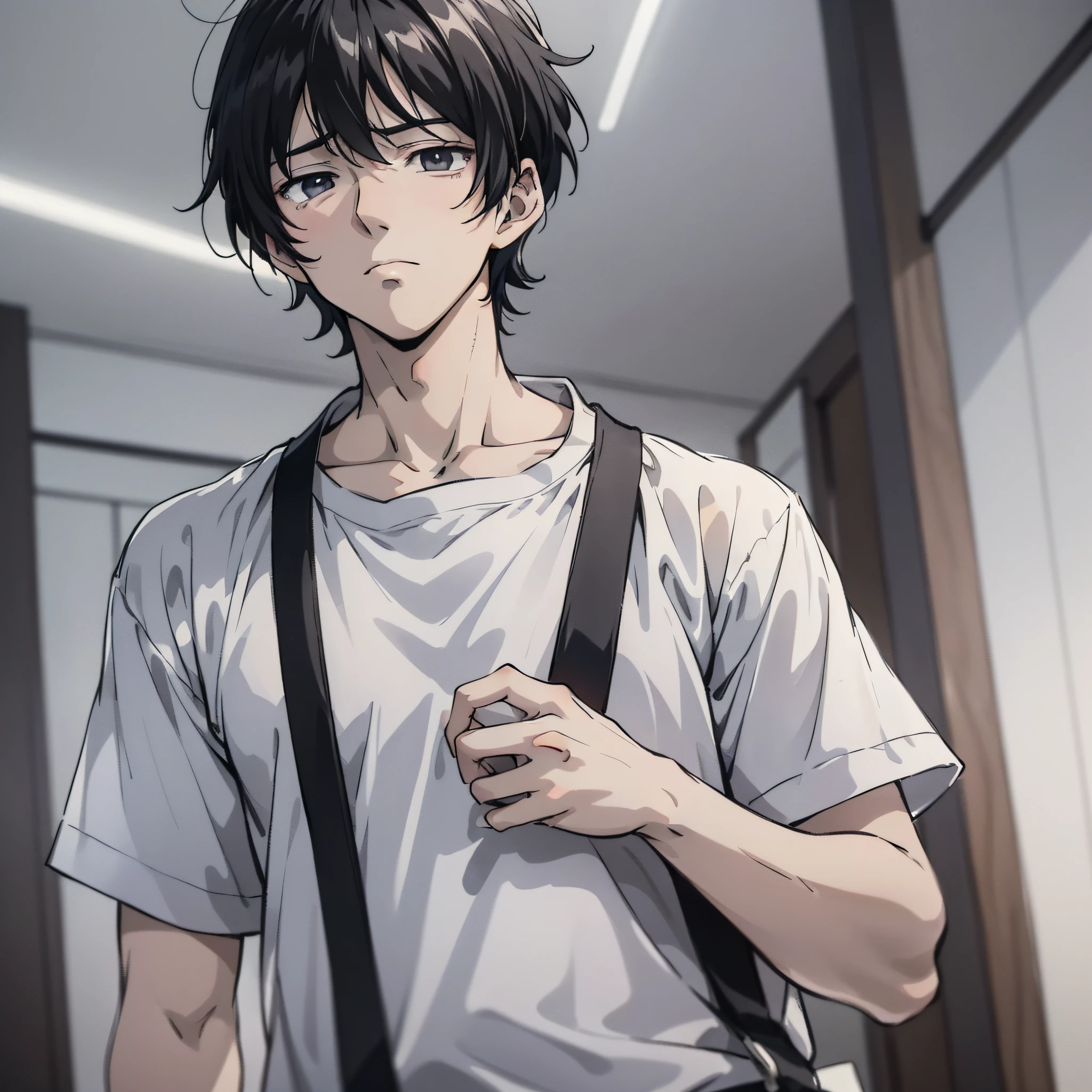 An anime young man with short black hair and a white shirt around 18 years old, (frown expression 1.5) (background is the village room 1.5) anime style 4 K, anime rendering, anime style. 8k, handsome anime face, handsome costume boy (upper body display 1.5) (handsome boy 1.3) (movie level lighting 1.5)