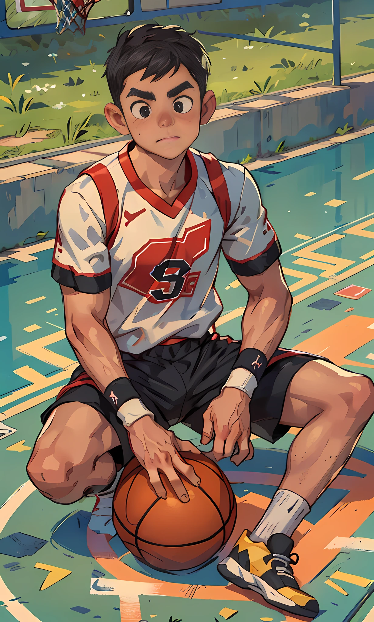 raw, 8k, high detail, illustration, basketball court, (1 boy: 1.2), five finger hands, 18 years old, basketball player, black eyes, black hair, shorts, white socks, tracksuit, round face, shyness