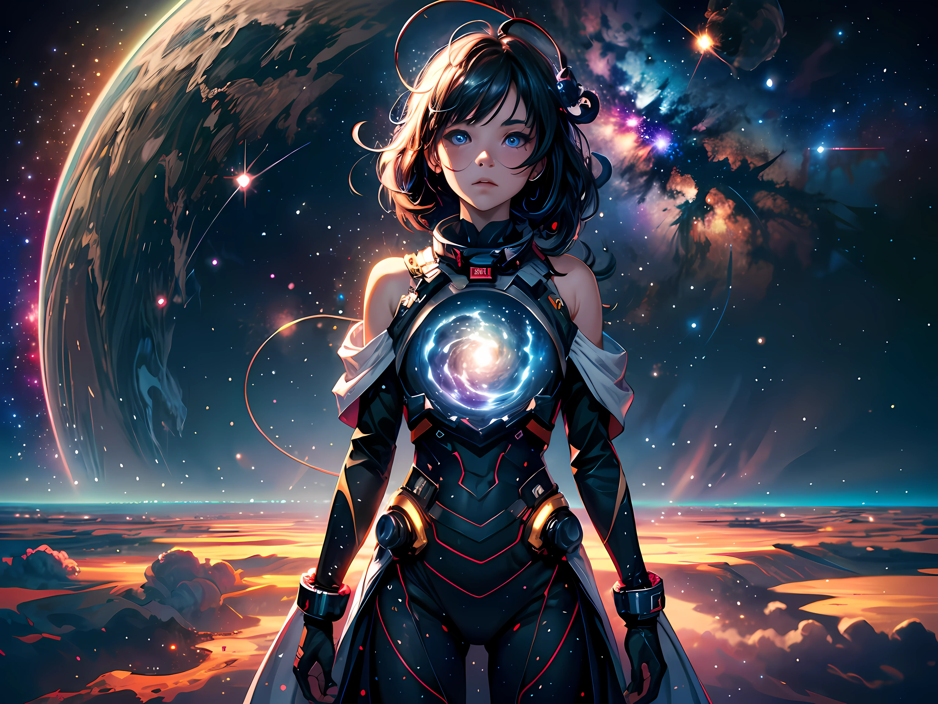 In the vast expanse of the cosmos, a breathtaking image unfolds before your eyes. In the heart of a starry galaxy, vibrant nebulae dance and swirl, their ethereal colors blending and intertwining. The scene is a symphony of cosmic beauty, with tendrils of interstellar dust and gas reaching out into the void. The stars shine with an otherworldly brilliance, illuminating the cosmic tapestry that stretches across the vastness of space. It is a visual feast for the senses, an awe-inspiring glimpse into the wonders of the universe. BREAK,Detailed,Realistic,4k highly detailed digital art,octane render, bioluminescent, BREAK 8K resolution concept art, realism,by Mappa studios,masterpiece,best quality,official art,illustration,ligne claire,(cool_color),perfect composition,absurdres, fantasy,focused,rule of thirds