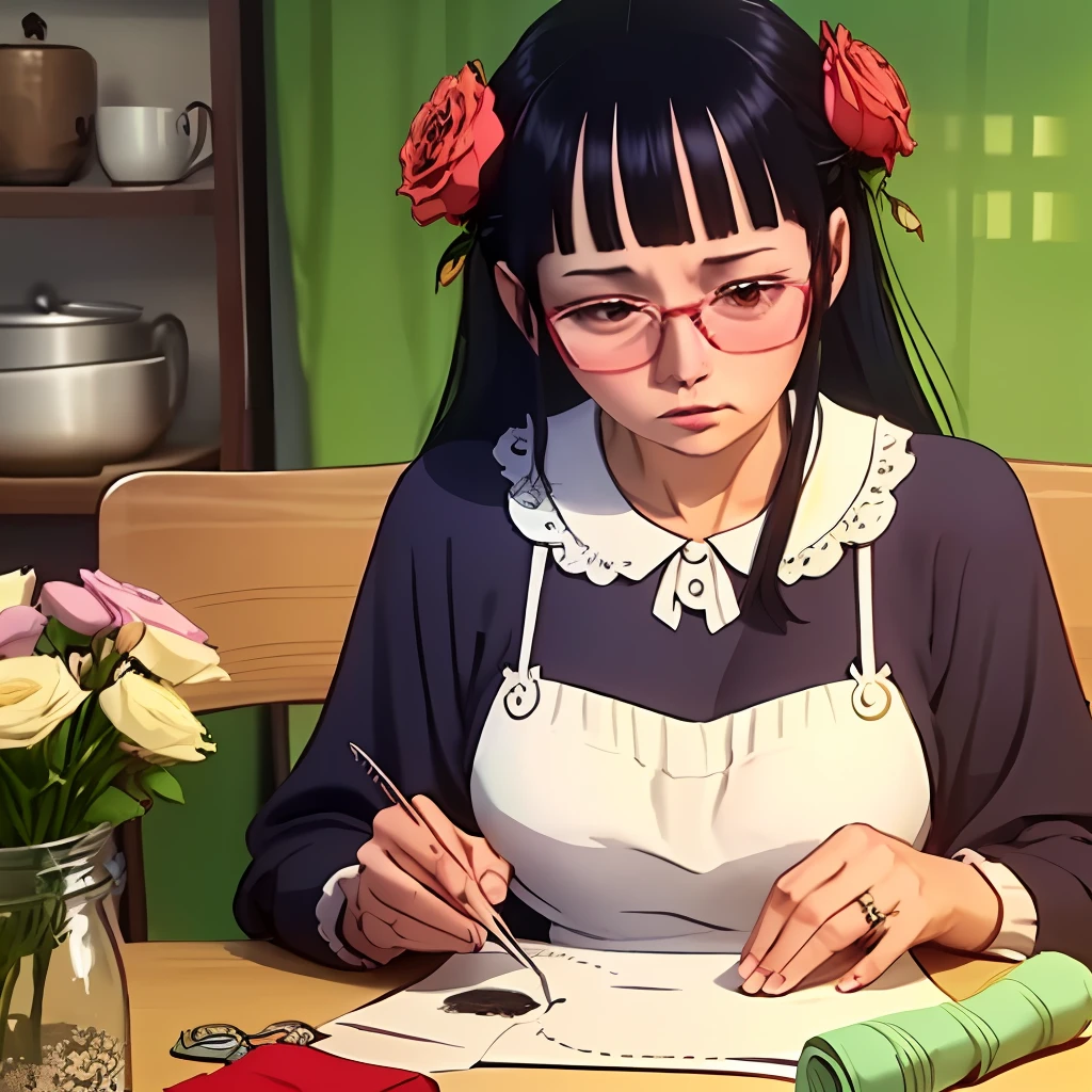 Woman with glasses, black hair with bangs, sewing white colored fabric with red flowers