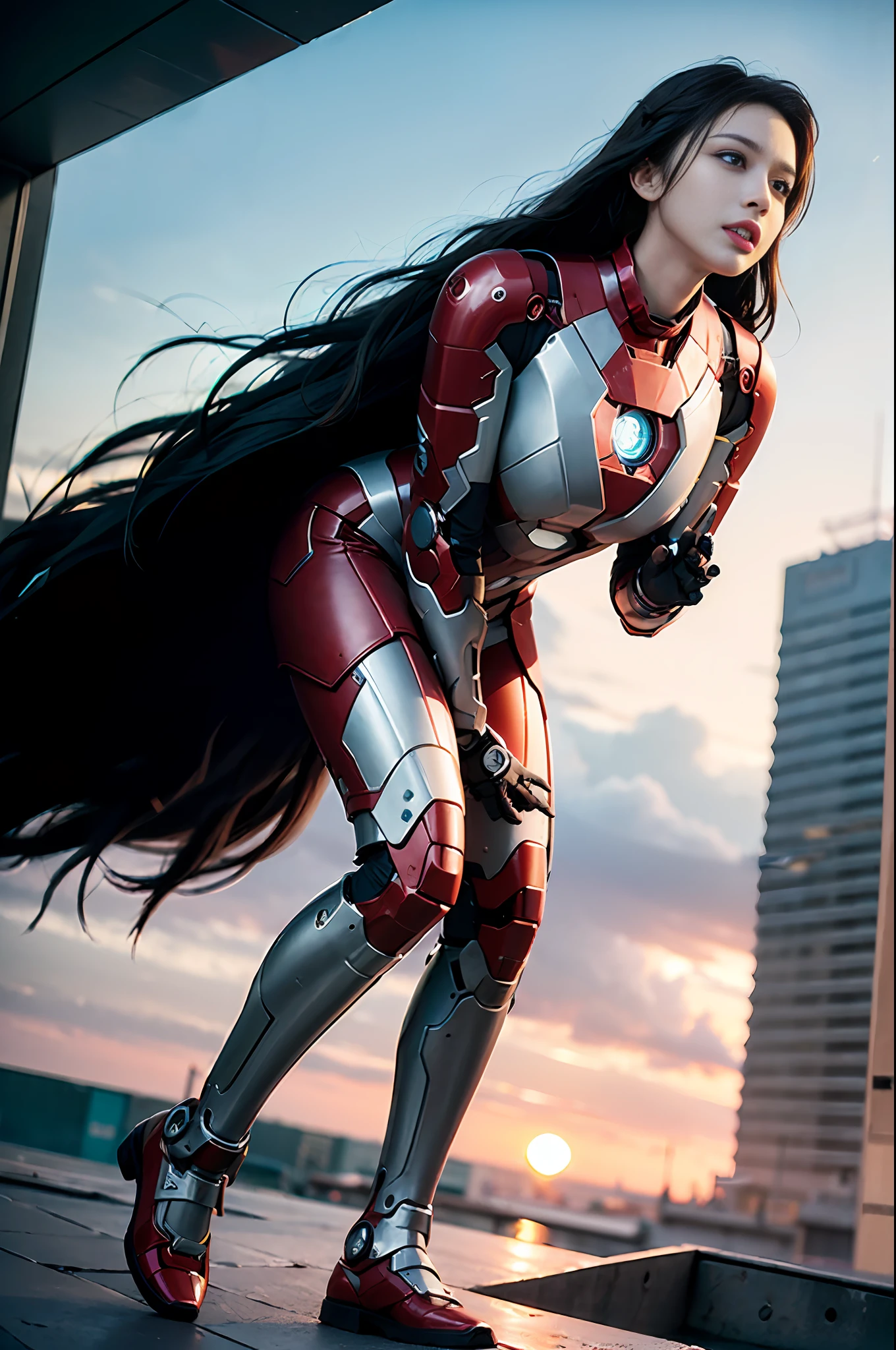RAW, Masterpiece, Ultra Fine Photo,, Best Quality, Ultra High Resolution, Photorealistic, Sunlight, Full Body Portrait, Stunningly Beautiful,, Dynamic Poses, Delicate Face, Vibrant Eyes, (Side View) , she is wearing a futuristic Iron Man mech, very detailed background, detailed face, detailed busy background, messy, gorgeous, milky, high detailed skin, realistic skin details, visible pores, sharp focus, volume Fog, 8k uhd, dslr, high quality, film grain, fair skin, photorealism, lomography, sprawling metropolis in a futuristic dystopia, view from below, translucent