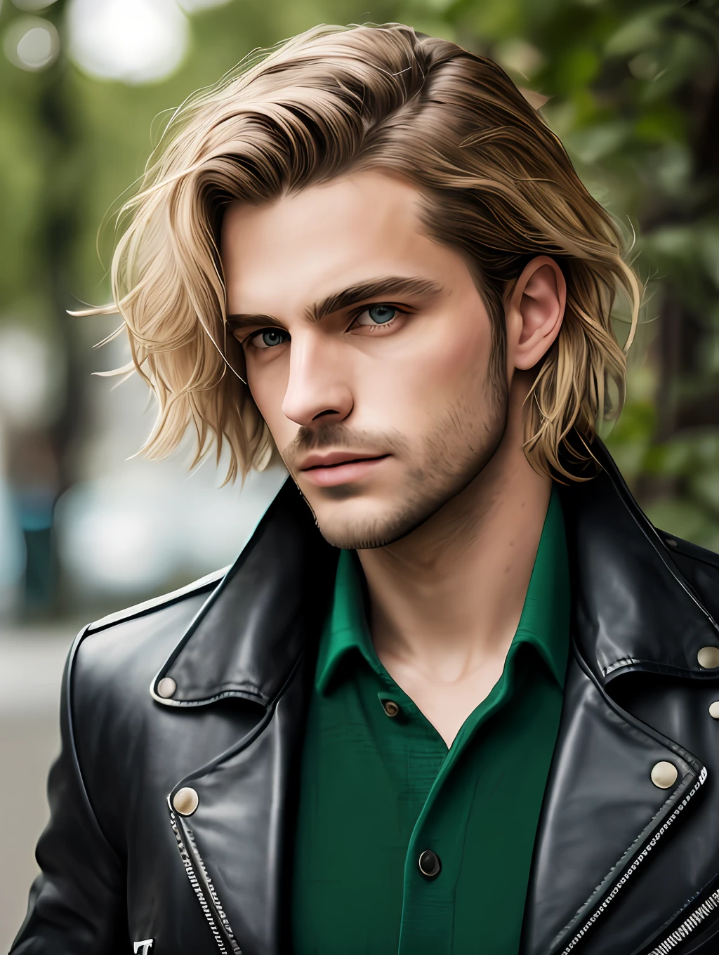 masterpiece, highest quality, RAW, style, A stunning half-body portrait of an extremely handsome man, messy blonde hair, pale skin, vibrant green eyes, wearing a black leather jacket, deep focused expression, (highly detailed skin, skin details), sharp focus, 8k UHD, DSLR, high quality, film grain, Fujifilm XT3, intricate details, highly detailed, cluttered and detailed background