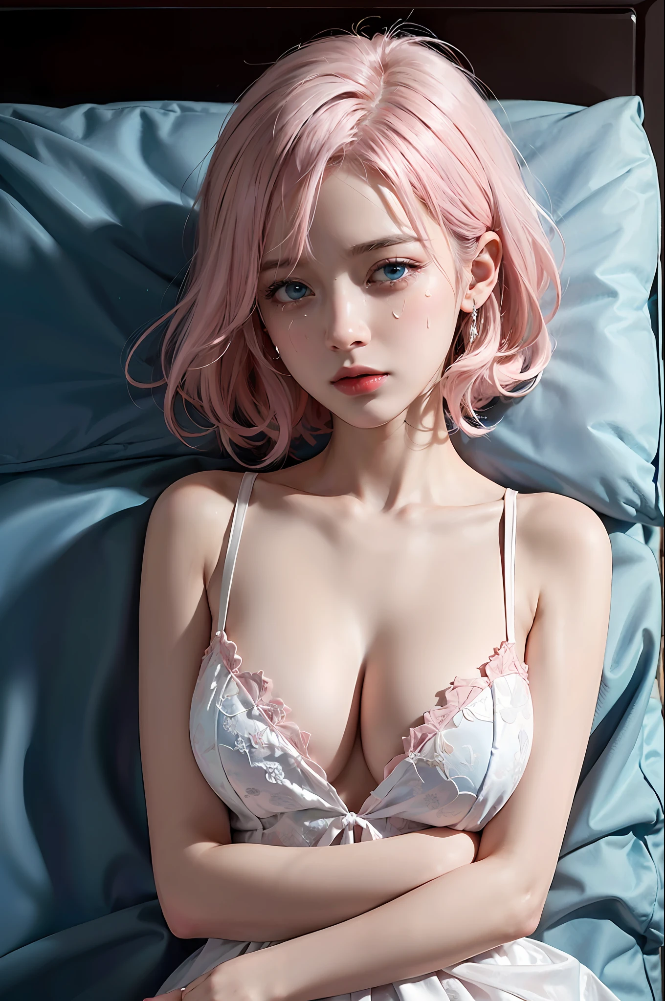 ((top quality, 8k, masterpiece: 1.3)), beautiful woman in perfect style: 1.4, slender: 1.3, (((light pink hair, big: 1.2)), disheveled outfit, navel, highly detailed face and skin texture, detailed eyes, double eyelids, [(top quality, masterpiece, intricate detail: 1.3): 0.2], realistic and detailed skin, subjective perspective, viewer view, (from top: 1.2), ( on the bed), (sleeping on the bed), 1 girl, white skin, (anxiety, crying, tears: 1.25), (slender body: 1.2), middle chest, glued to the chest, 40k, photo, best quality, high angle, SFW, (1 girl's blue eyes), tears flow, full body, lie down