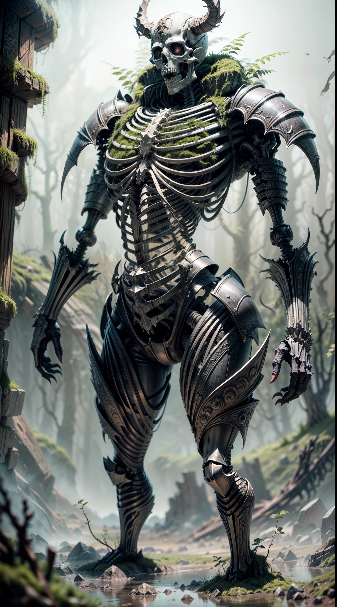In a desolate land, behold a terrifying skeleton knight, a non-humanoid monster, adorned with two horrifying monster heads sprouting from its skeletal shoulders. Each head is a grotesque fusion of features, with gnashing fangs, twisted horns, and glowing malevolent eyes. The knight's skeletal frame is covered in a thick layer of moss and mud, giving it an ancient and decayed appearance. Realistic Photography, employing a wide-angle lens to capture the desolation of the land and the eerie details of the knight's moss-covered form