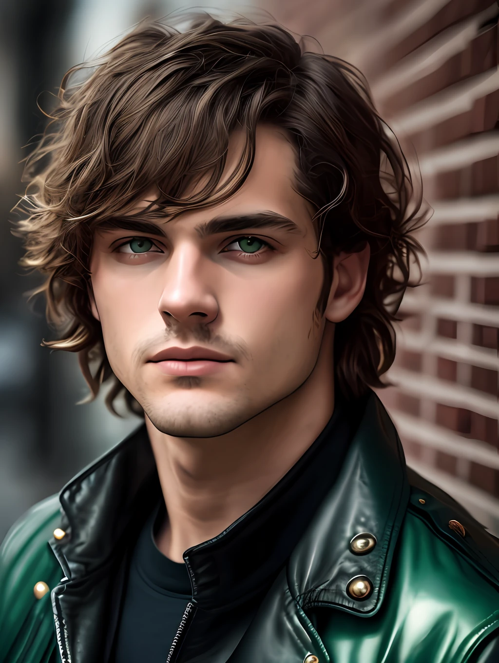 masterpiece, highest quality, RAW, style, A stunning half-body portrait of an extremely handsome man, messy light hair, pale skin, vibrant green eyes, wearing a black leather jacket, deep focused expression, (highly detailed skin, skin details), sharp focus, 8k UHD, DSLR, high quality, film grain, Fujifilm XT3, intricate details, highly detailed, cluttered and detailed background