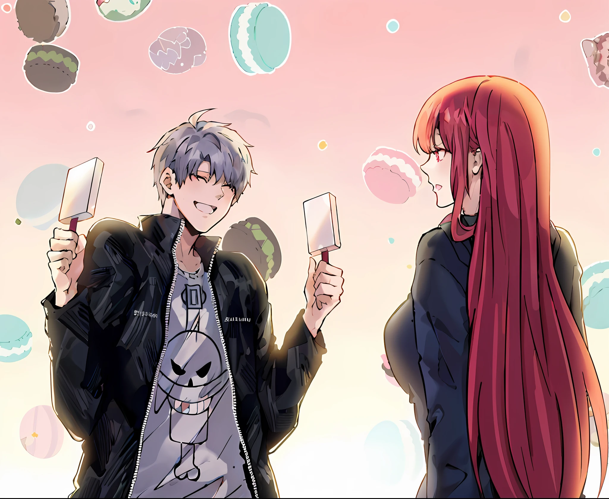 anime characters standing next to each other holding cell phones, official fanart, high quality fanart, nixeu and sakimichan, evangelionic illustration, official anime still, 8k!, by Shingei, zerochan art, by Kanbun Master, manhwa, in anime style, neon genesis evangelion fanart, with red hair, puce and vermillion