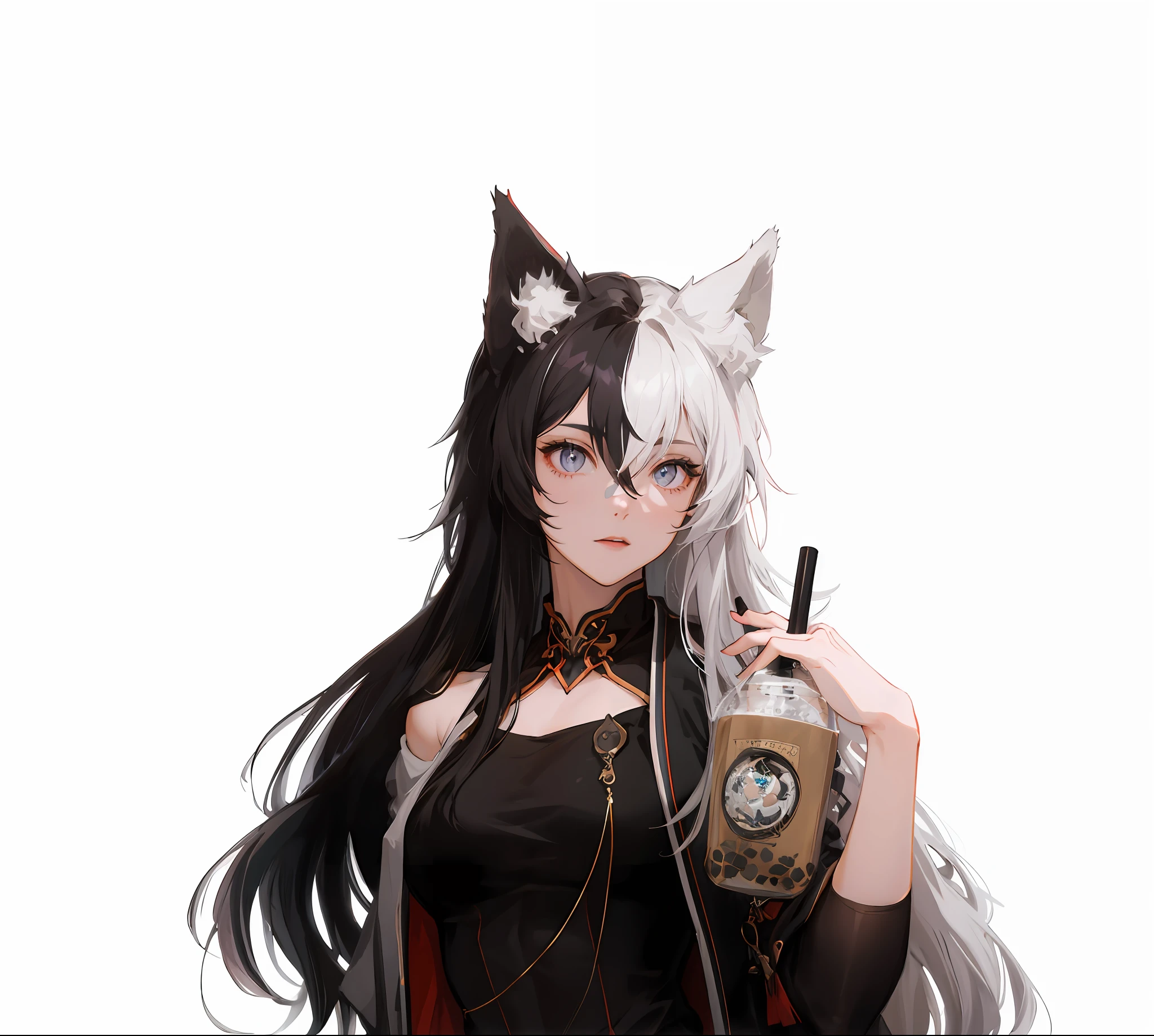 absurd, high, ultra-detailed, extremely detailed eyes, (official art, beautiful and aesthetic: 1.2), (1girl),(1boy), extremely detailed, (fractal art: 1.3), colorful, most detailed, detailed art, ultra-detailed, 150mm analog lens, complex details, hyperrealistic, ultra-detailed, octane rendering, 8k post-production, iridescent colors, (((1girl)), girl, wolf ears, half hair black, half hair white, Two-tone hairstyles, thigh-high, white hair, 2 hair tones, 2 hair colors), voluminous soft light, lilac eyes, gray eyes, (Masterpiece, Best Quality, High Resolution: 1.4), Detailed, Complex Details, 4K, Full Height, ((2 characters)), Black background,