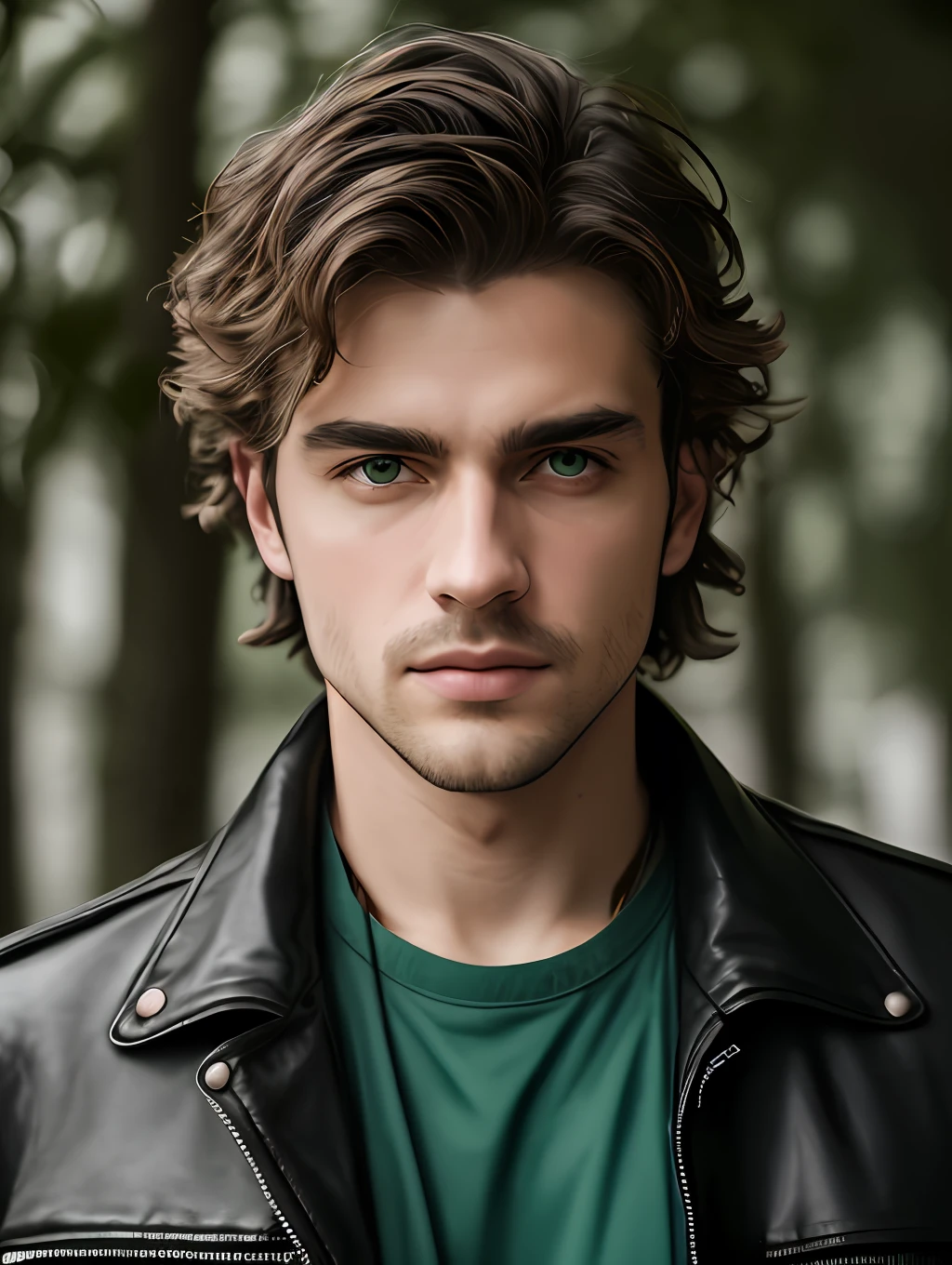 masterpiece, highest quality, RAW, style, A stunning half-body portrait of an extremely handsome man, messy light hair, pale skin, vibrant green eyes, wearing a black leather jacket, deep focused expression, (highly detailed skin, skin details), sharp focus, 8k UHD, DSLR, high quality, film grain, Fujifilm XT3, intricate details, highly detailed, cluttered and detailed background