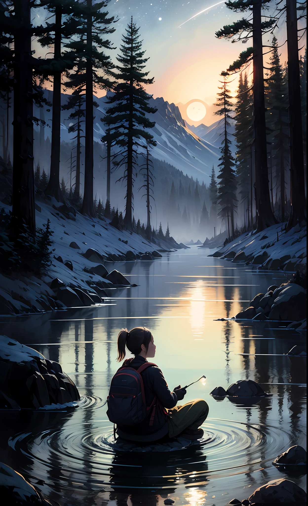 masterpiece, best quality, ultra-detailed, illustration, 1girl, solo, outdoors, camping, night, mountains, nature, stars, moon, bonfire, tent, twin ponytails, green eyes, cheerful, happy, backpack, sleeping bag, camping stove, water bottle, mountain boots, gloves, sweater, hat, flashlight, forest, rocks, river, wood, smoke, shadows, contrast, clear sky, constellations, Milky Way, peaceful, serene, quiet, tranquil, remote, secluded, adventurous, exploration, escape, independence, survival, resourcefulness, challenge, perseverance, stamina, endurance, observation, intuition, adaptability, creativity, imagination, artistry, inspiration, beauty, awe, wonder, gratitude, appreciation, relaxation, enjoyment, rejuvenation, mindfulness, awareness, connection, harmony, balance, texture, detail, realism, depth, perspective, composition, color, light, shadow, reflection, refraction, tone, contrast, foreground, middle ground, background, naturalistic, figurative, representational, impressionistic, expressionistic, abstract, innovative, experimental, unique