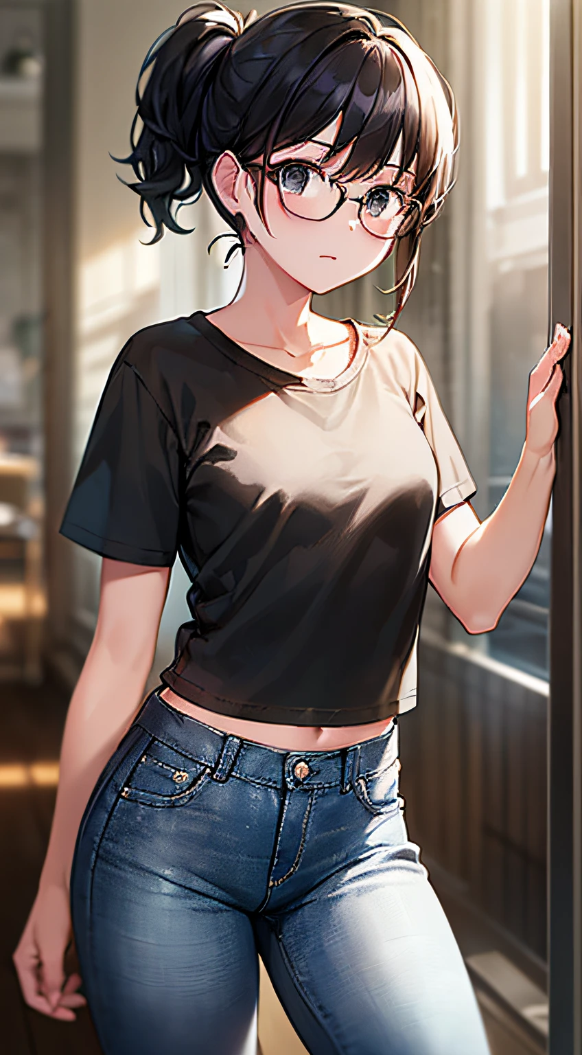 ((Masterpiece, Top Quality, Detail)), Ultra Detailed, Detailed Hair (Black Hair Long, Side Ponytail), Hard Rim Lighting, (((Dramatic Lighting)), Sharp Focus, 1 Girl, Black Eyes, T-shirt, Jeans, Small (Petanko), Standing (Facing Front), Black tabby glasses