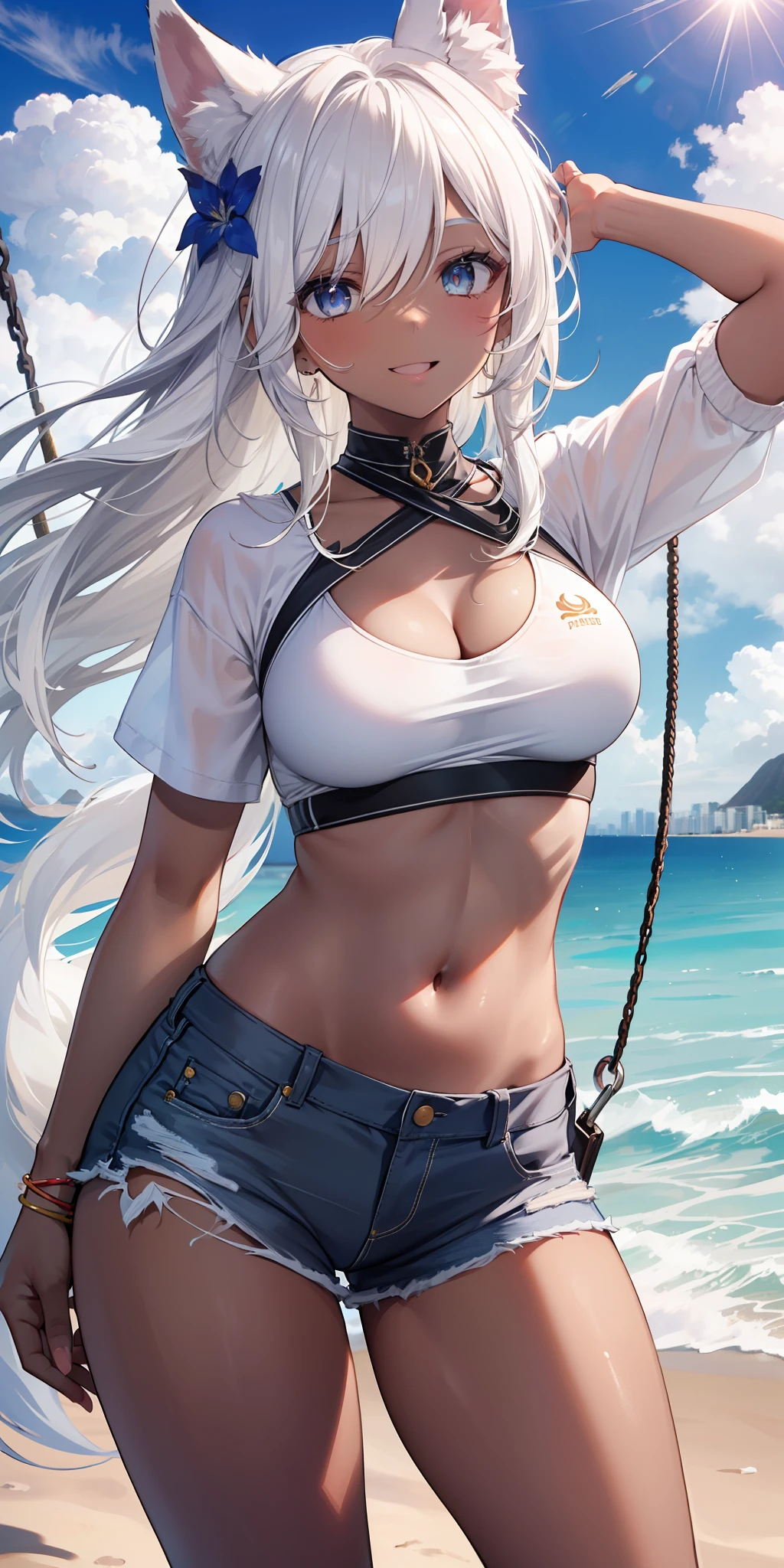 ((masterpiece)), ((best quality)), girl, ((beautiful body)), dark skin tone, ((well detailed eyes)), very long straight hair, ((white hair)), ((effect highlights in the hair)), ((hair in the eyes)), short black sweatshirt, short ripped shorts, white sneakers, medium breasts, neck accessory, eyebrow, ((fox ear)), ((perfect)), (( smile)), ((happy expression)), thin waist, thick legs, big thigh, ((background scenery)), ((beach)), ((blue sky)), ((clouds)), (sun ), ((wind in hair)), ((swinging hair)), ((Brazil)), ((rio de janeiro)), beautiful day, pov, looking at viewer, flushed, lustful,