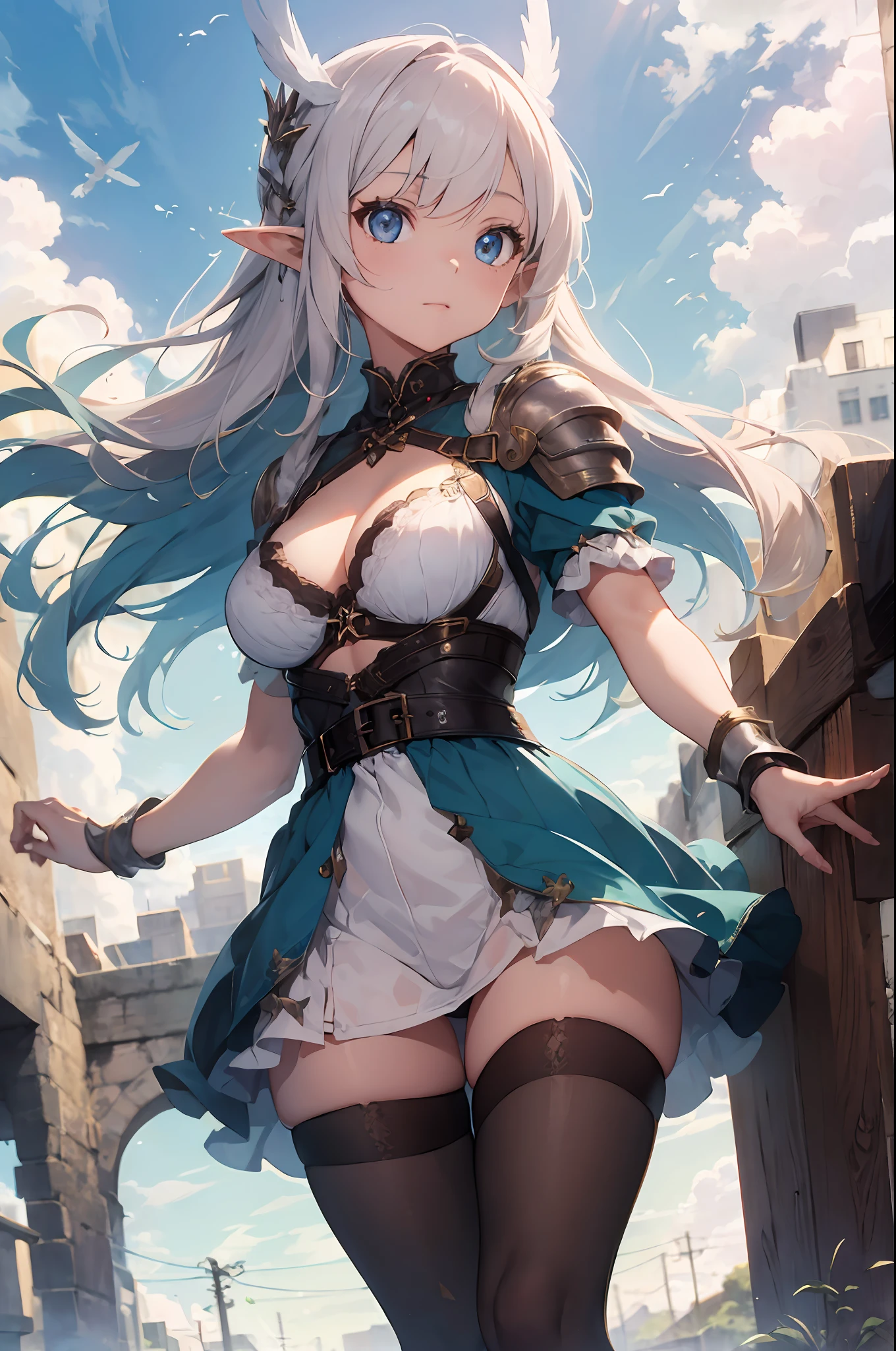 ((4k,masterpiece,best quality)), maxiskit, dress conservatively 1 girl, solo, standing, white hair, long hair, elf ears, Valkyrie, armor, angel, white bra, side bang, from front, extra size body, look at viewer