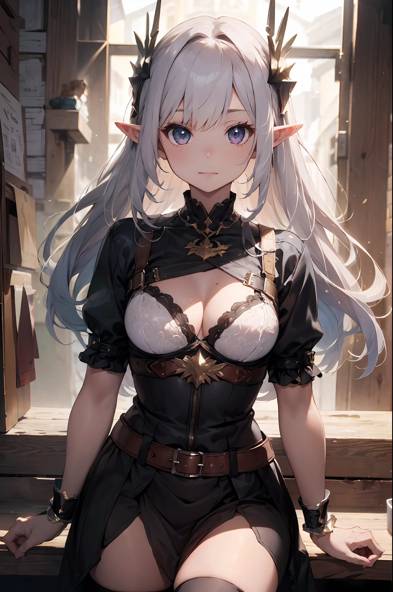 ((4k,masterpiece,best quality)), maxiskit, dress conservatively 1 girl, solo, standing, white hair, long hair, elf ears, Valkyrie, armor, angel, white bra, side bang, from front, extra size body, look at viewer