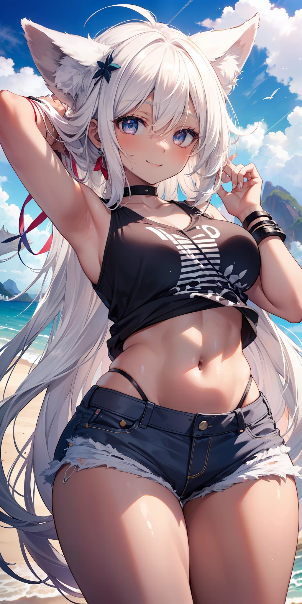 ((masterpiece)), ((best quality)), girl, ((beautiful body)), dark skin tone, ((well detailed eyes)), very long straight hair, ((white hair)), ((effect highlights in the hair)), ((hair in the eyes)), short black sweatshirt, short ripped shorts, white sneakers, medium breasts, neck accessory, eyebrow, ((fox ear)), ((perfect)), (( smile)), ((happy expression)), thin waist, thick legs, big thigh, ((background scenery)), ((beach)), ((blue sky)), ((clouds)), (sun ), ((wind in hair)), ((swinging hair)), ((Brazil)), ((rio de janeiro)), beautiful day, pov, looking at viewer, flushed, lustful,