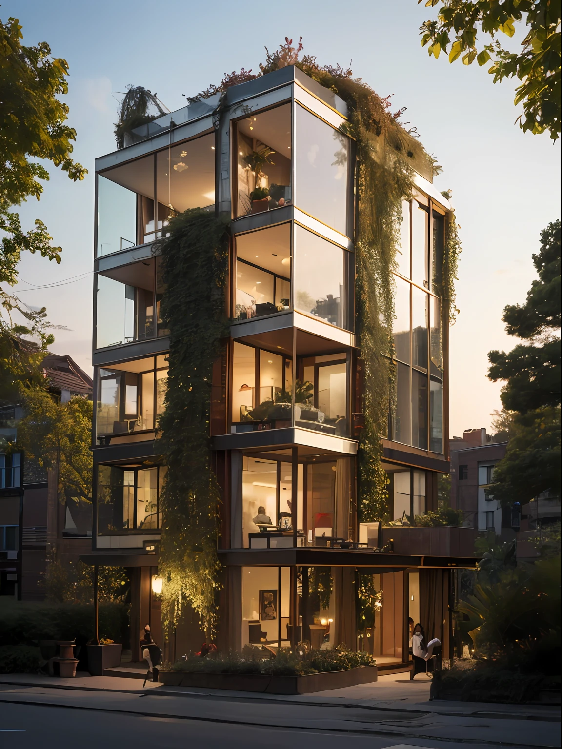 chiaroscuro, depth of field, Surrealism, best quality, masterpiece, UHD, highres, high details, ccurate, 16k, Create a high-end real estate ad showcasing the building, foliage, texture, natural light, and a luxurious atmosphere. The inspiration for this ad comes from renowned photographer Wolfgang Tillmans. The color temperature is warm with a focus on creating a golden hour feel. The facial expressions on the people in the image exude happiness and tranquility, portraying a luxurious and peaceful way of life. Shot on a Canon EOS 5DS R camera using a 35mm focal length lens with an aperture of f/4.5 and ISO 100, the ad has a composed layout with attention paid to the balance and symmetry of the building and surrounding environment. The ad has a high-resolution finish for a polished and sophisticated final product.