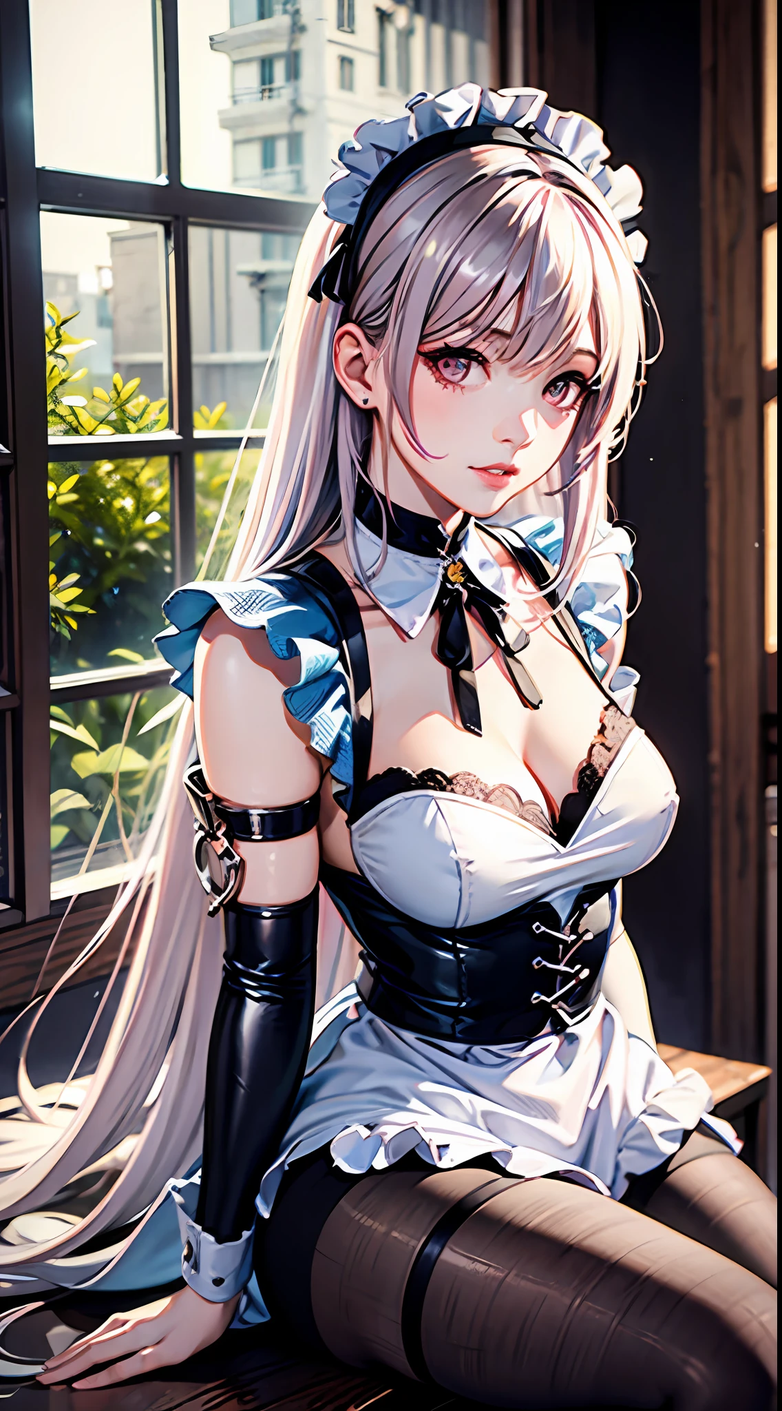 ((best quality)),((masterpiece)),(detailed),realistic,ultra high res,Highly detailed,elegant,beautiful detailed eyes,
1girl,Perfect female body,medium breasts,narrow waist,cleavage,red eyes,long hair,(white hair AND pink hair:1.2),asymmetrical bangs,hair ornament,parted lips,shiny skin,
maid apron,neck ribbon,armlet,pantyhose,(leaning forward),
indoors,stone wall,(window with garden view),depth of field,soft lighting,