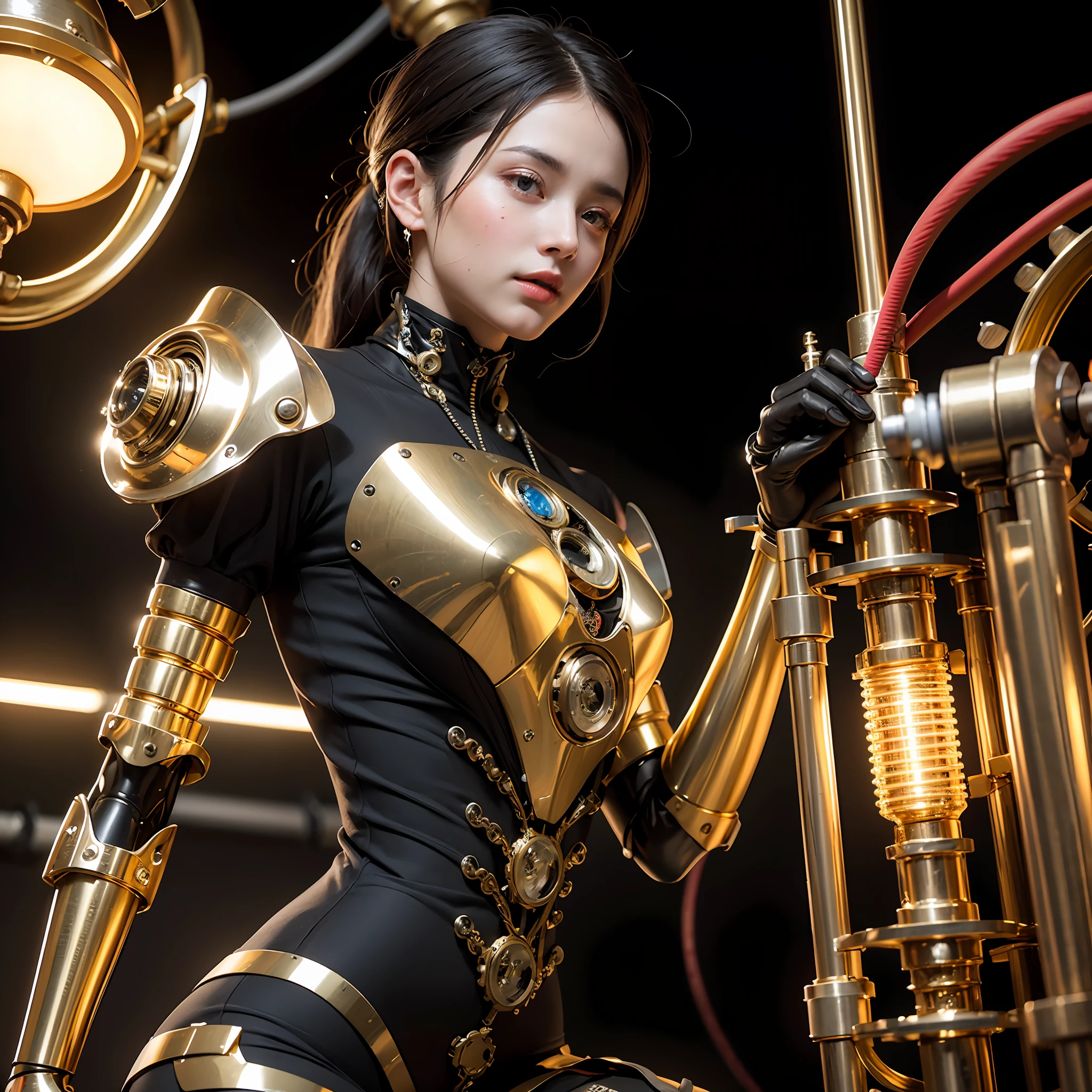 High degree of craftsmanship and quality assurance, masterpieces in the hands of top masters, extremely detailed and clear image resolution, rendered with camera-like realism, inspired by real photographs ( a mechanical girl), highly realistic details, as commemorative images, panoramic lighting effects, fine and accurate shadow representation, using advanced octane rendering technology, up to 8K resolution, extremely sharp and clear lines and details, spectacular and grand narrative, showing vivid skin details, performance of metallic materials, Fine and intricate decorative details, Steampunk style details, Depiction of details such as vacuum tubes, liquid tubes, oil pressure gauges, glass tubes, analog instruments, etc., Highlighting the details and movements of gears, Performance of gold hydraulic cylinders, Highly complex and detailed depiction, Realistic lighting effects, Following current trends in CG technology, Eyes glowing, Facing the gaze of the audience, Detailed depiction of neon details, Depiction of mechanized body parts, Depiction of blood vessels connected to catheters, Depiction of mechanized spine attached to the back, depicting a mechanical attachment attached to the neck, Presenting a sitting position, depicting wires and cables connected to the head,