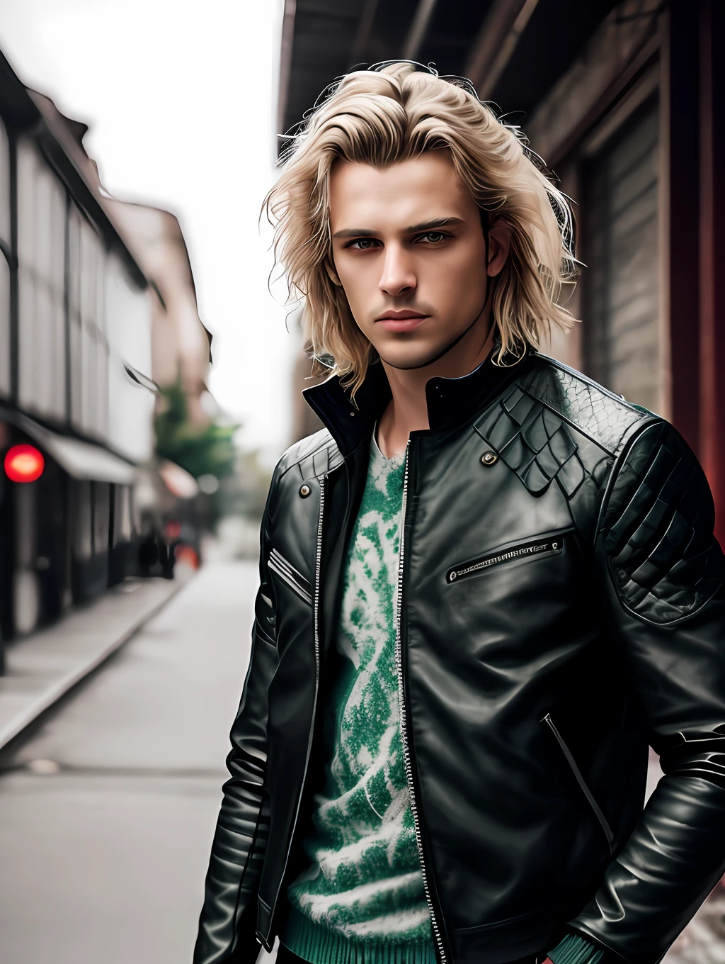 masterpiece, highest quality, RAW, style, A stunning half-body portrait of an extremely handsome man, messy blonde hair, pale skin, vibrant green eyes, wearing a black leather jacket, deep focused expression, (highly detailed skin, skin details), sharp focus, 8k UHD, DSLR, high quality, film grain, Fujifilm XT3, intricate details, highly detailed, cluttered and detailed background