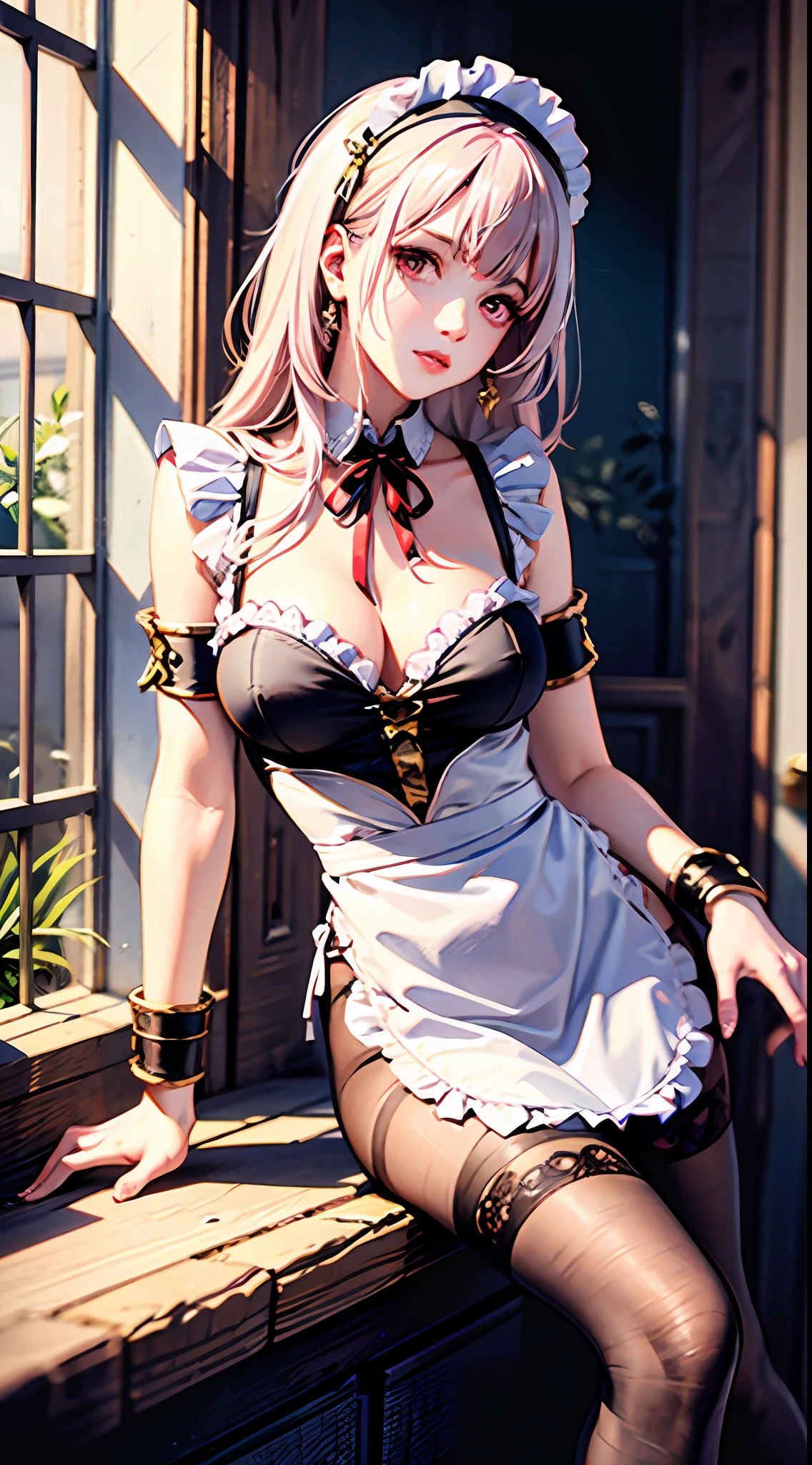 ((best quality)),((masterpiece)),(detailed),realistic,ultra high res,Highly detailed,elegant,beautiful detailed eyes,
1girl,Perfect female body,medium ,narrow waist,cleavages,long hair,(white hair AND pink hair:1.2),asymmetrical bangs,hair ornament,parted lips,shiny skin,
maid apron,neck ribbon,armlet,pantyhose,(leanorward),
indoors,stone wall,(window with garden view),depth of field,soft lighting,