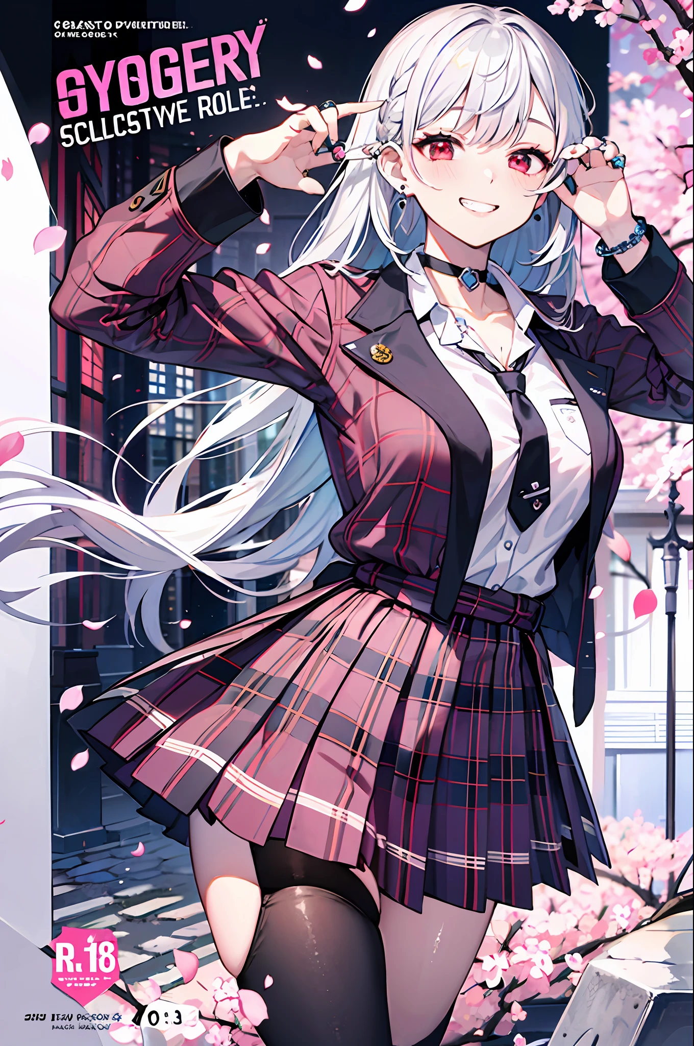 Masterpiece, Superb Piece, Full Body, 1girl, Bangs, Black Choker, Black Tie, Silver White Hair, Blue Skirt, Blush, Bracelet, Beautiful Breast, Choker, Waist Clothes, Collarbone, Collared Shirt, Denim Photos, Dress Shirt, Ear Piercings, Eyebrows Visible Through Hair, Gradient Hair, Grin, Gyaru, Jewelry, Kogal, Long Hair, Look at the Audience, Loose Tie, Tie, Piercing, Plaid Skirt, Plaid Skirt, Pleated Skirt, Red Eyes, Ring, School Uniform, Shirt, Skirt, Smile, solo, white shirt, street, sky, cherry blossoms, petals, illustration, (magazine: 1.3), (cover style: 1.3), fashion, woman, vibrant, attire, pose, front, colorful, dynamic, background, element, confident, expressive, hold, statement, attachment, majestic, coiled, around, touch, scene, text, cover, bold, eye-catching, title, fashion, font, catchy, title, bigger, eye-catching, modern, stylish, focused, stylish,