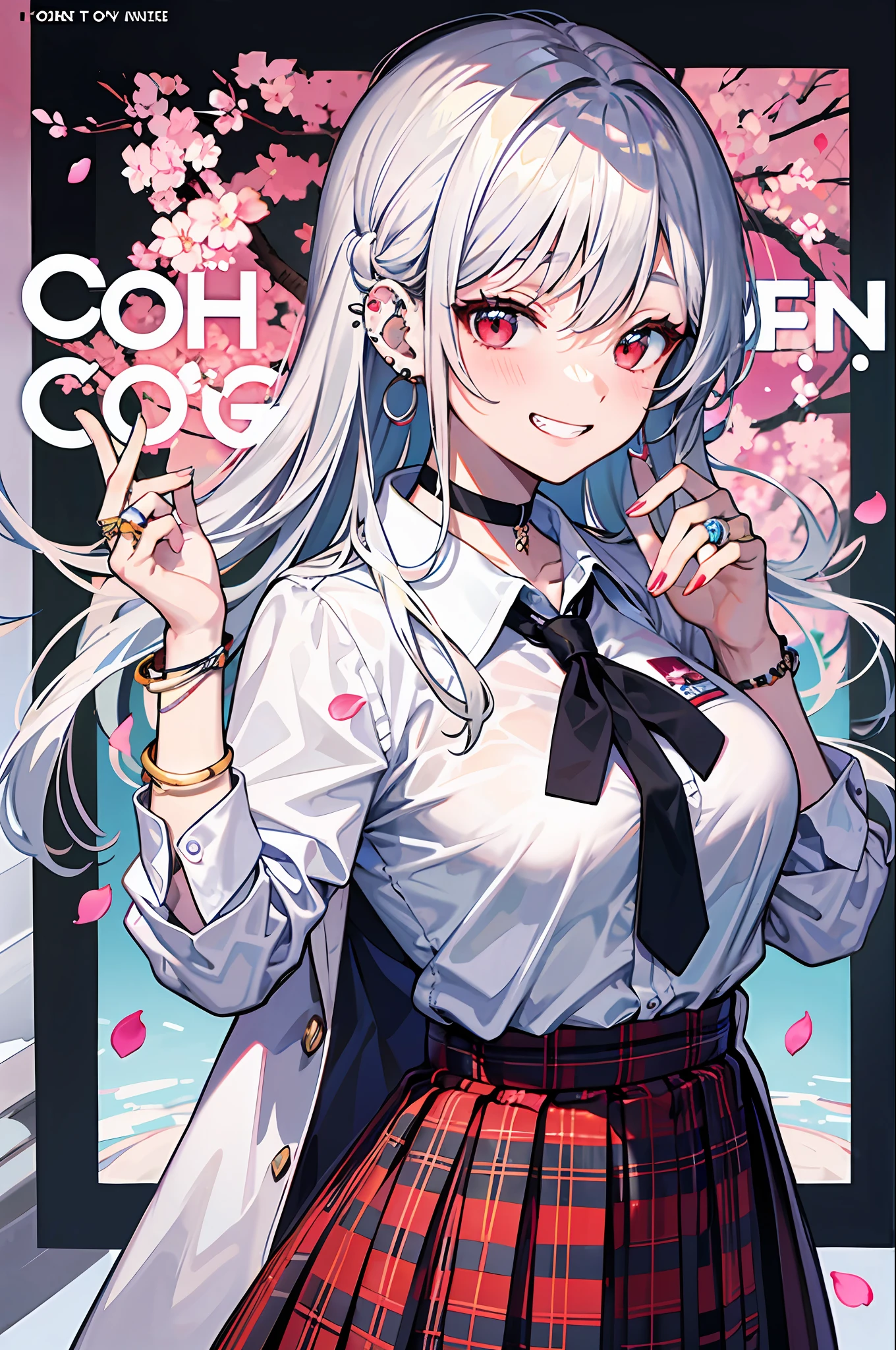 Masterpiece, Superb Piece, Full Body, 1girl, Bangs, Black Choker, Black Tie, Silver White Hair, Blue Skirt, Blush, Bracelet, Beautiful Breast, Choker, Waist Clothes, Collarbone, Collared Shirt, Denim Photos, Dress Shirt, Ear Piercings, Eyebrows Visible Through Hair, Gradient Hair, Grin, Gyaru, Jewelry, Kogal, Long Hair, Look at the Audience, Loose Tie, Tie, Piercing, Plaid Skirt, Plaid Skirt, Pleated Skirt, Red Eyes, Ring, School Uniform, Shirt, Skirt, Smile, solo, white shirt, street, sky, cherry blossoms, petals, illustration, (magazine: 1.3), (cover style: 1.3), fashion, woman, vibrant, attire, pose, front, colorful, dynamic, background, element, confident, expressive, hold, statement, attachment, majestic, coiled, around, touch, scene, text, cover, bold, eye-catching, title, fashion, font, catchy, title, bigger, eye-catching, modern, stylish, focused, stylish,