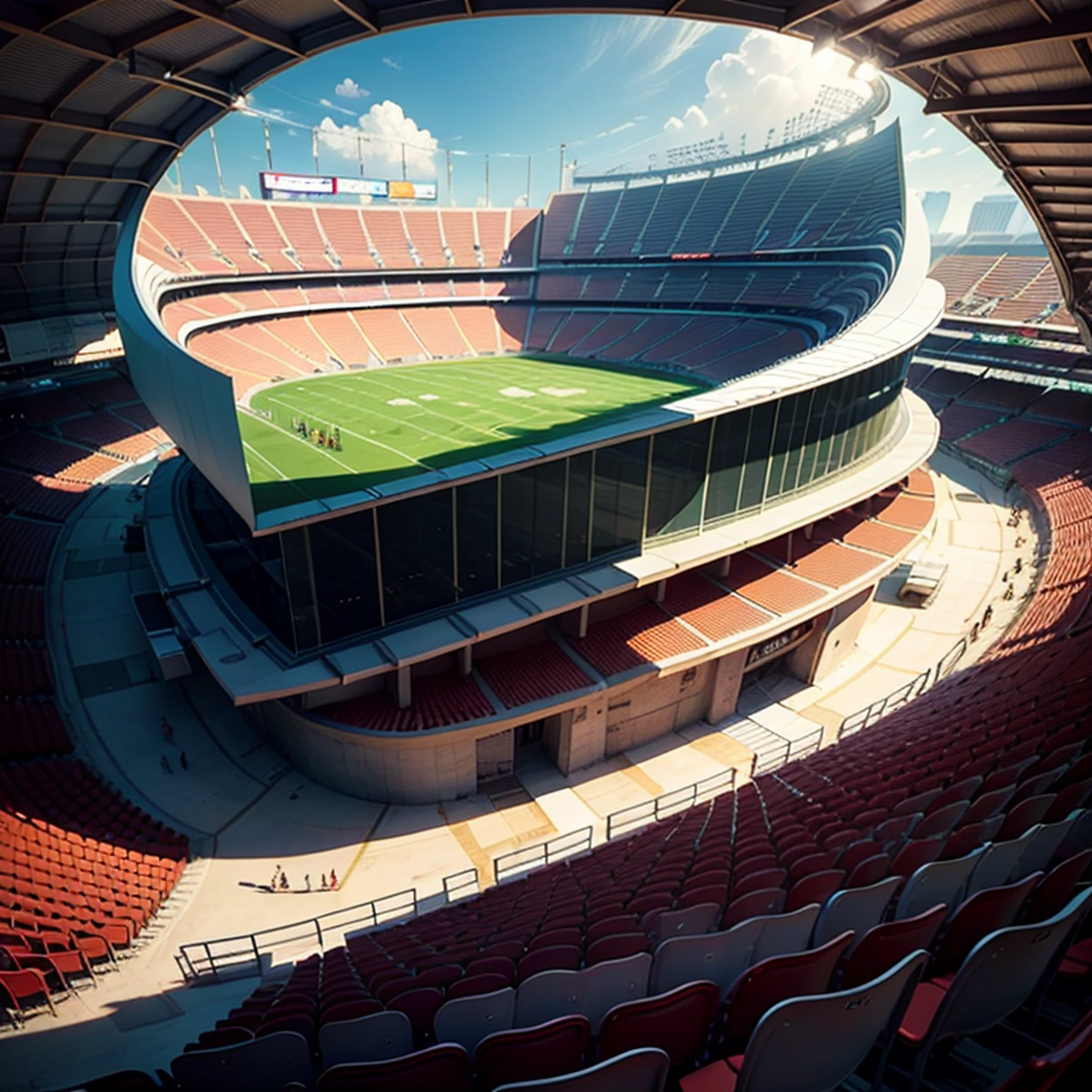 Create an illustration of a football stadium with a futuristic design, with unique architectural elements and advanced technology. --auto