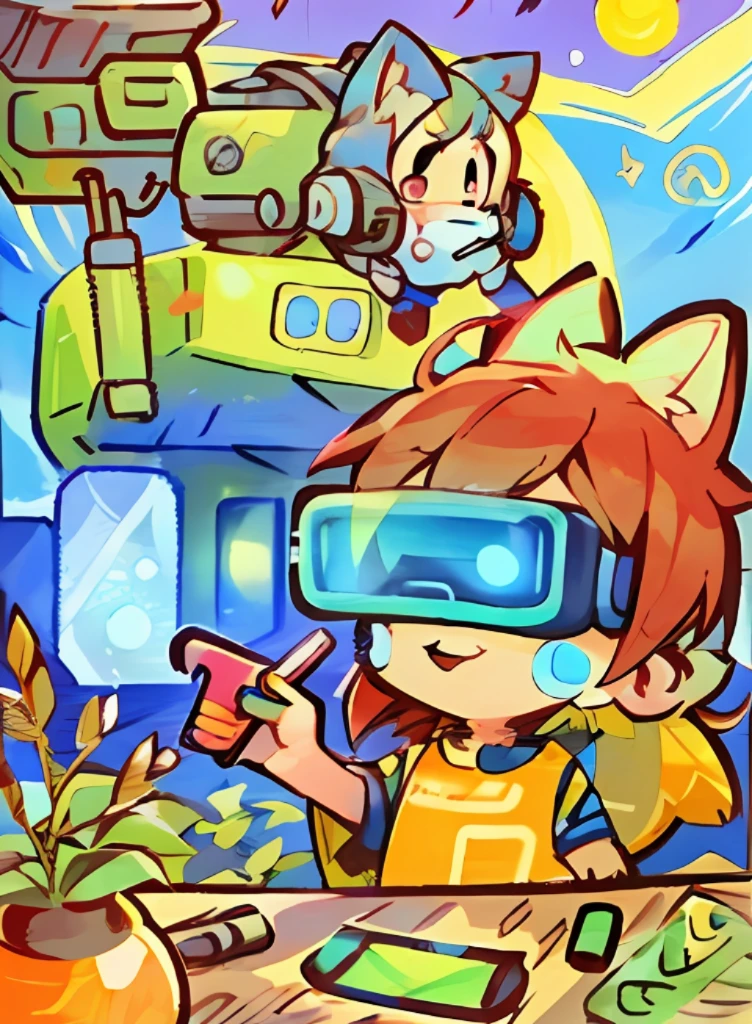 ( with cute cat ears: 2.0), (with future high-tech VR glasses: 1.5), conveyor belt, production line, teleportation space-time door, (high-tech robot), robot inspection crop, technology webcast with goods, 6G information age, future technology, network with goods, technology agriculture, agricultural products, golden wheat, harvest, grains, (master level illustration: 1.3) (technology agriculture: 1.5) (Future technology: 1.2) (VR glasses: 1.1) (Crops: 1.5) (Internet Age: 1.1) (High accuracy: 1.2) (Flawless: 1.1) (Line Flow: 1.1), neosvr!, Game Art!, 2d game fan art, video game fan art, 2 D fan art, game art, 8 K cartoon illustration, VR game, official fan art, game illustration, vrchat, detailed game art, art inspired by Goro Fujita, Joshy Sly style, futuristic art, colorful graffiti art, video game fan art, Monet and da Vinci art style, official fan art, [digital art], Color painting, digital art. Colorful comics, children's fantasy drawings