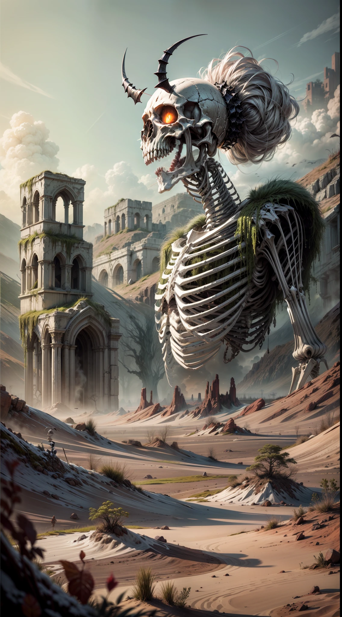 In a desolate land, behold a terrifying skeleton knight, a non-humanoid monster, adorned with two horrifying monster heads sprouting from its skeletal shoulders. Each head is a grotesque fusion of features, with gnashing fangs, twisted horns, and glowing malevolent eyes. The knight's skeletal frame is covered in a thick layer of moss and mud, giving it an ancient and decayed appearance. Realistic Photography, employing a wide-angle lens to capture the desolation of the land and the eerie details of the knight's moss-covered form