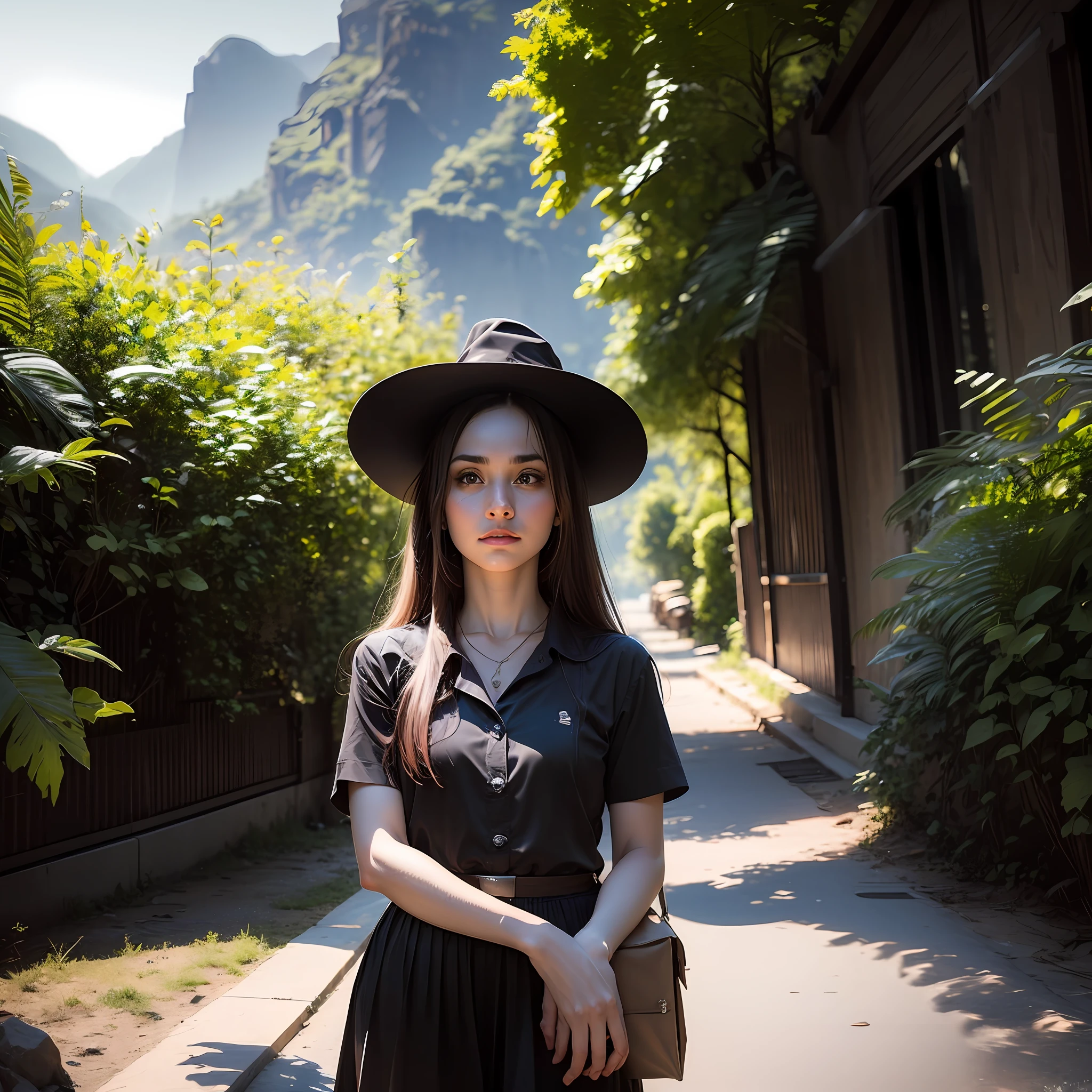 epic scene, (hdr:1.4), masterpiece, full moon, ornate, trend in artstation, background, fancy wizard hat, bright stars, black shirt, shooting stars in the sky, fully clothed, cgi, outdoor, abstract expressionism, mountain, experimental, exquisite, cowboy shot, forest, lantern 1girl, photorealistic painting art by Midjourney and Greg Rutkowski, dystopian, color, (ultra-detailed), deep levels,  nature, cold face, figurative, selfie , --auto