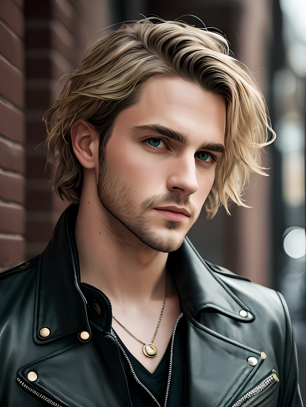 masterpiece, highest quality, RAW, style, A stunning half-body portrait of an extremely handsome man, messy blonde hair, pale skin, vibrant green eyes, wearing a black leather jacket, deep focused expression, (highly detailed skin, skin details), sharp focus, 8k UHD, DSLR, high quality, film grain, Fujifilm XT3, intricate details, highly detailed, cluttered and detailed background