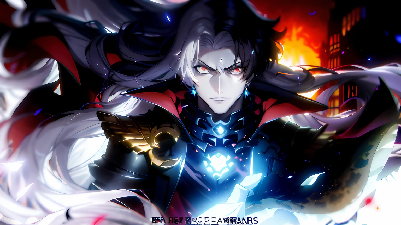 anime character with red eyes and a blue coat, key anime art, detailed key anime art, tall anime guy with blue eyes, handsome guy in demon slayer art, inspired by Okumura Masanobu, zerochan art, shigenori soejima illustration, anime concept hdr anime macmanus, fate grand order, prince crown of black gears