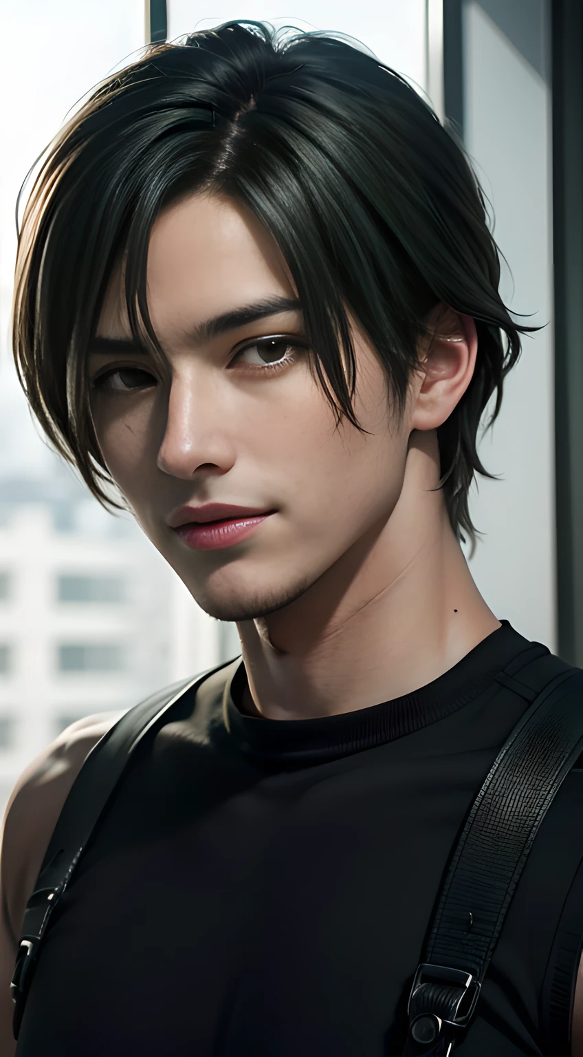 green hair, handsome muscular man who looks like Leon kennedy of Resident Evil, mischievous smile, (small details: 1 in 1), natural muscles, higher quality, beautiful eye, (Detailed face and eyes), (face、: 1 of 2), noise, real pictures、... ...PSD, Sharp Focus, High Resolution 8k, Real & Professional Photography, 8K UHD, Soft Lighting, High Quality, Film Grain, FUJIFILM XT3