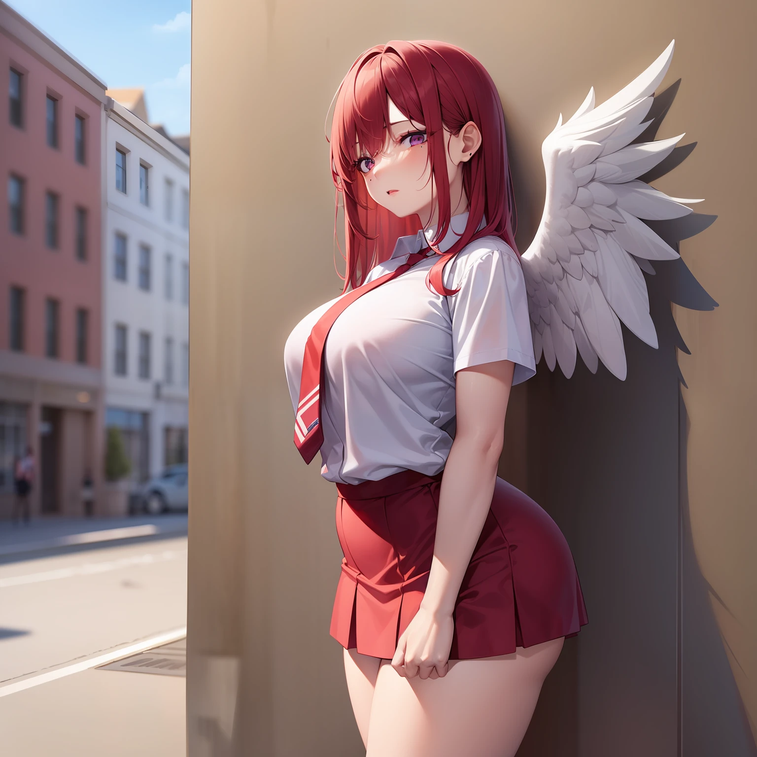 Beautiful red-haired woman with long, straight hair falling under her shoulder, wearing high school clothes, blouse with red tie and red mini skirt, black socks that go up to the knees and All Star sneakers, with angel wings, red makeup around the eyes making a drawing on the face, purple eyes, red lipstick, a mole on the left side of the mouth, perfect face, expression of shame, cute expression, perfect body, round chest, big ass, thick thighs, whole body, detailed scenery, detailed photo, masterpiece, 8k, raw photo, perfect lighting
