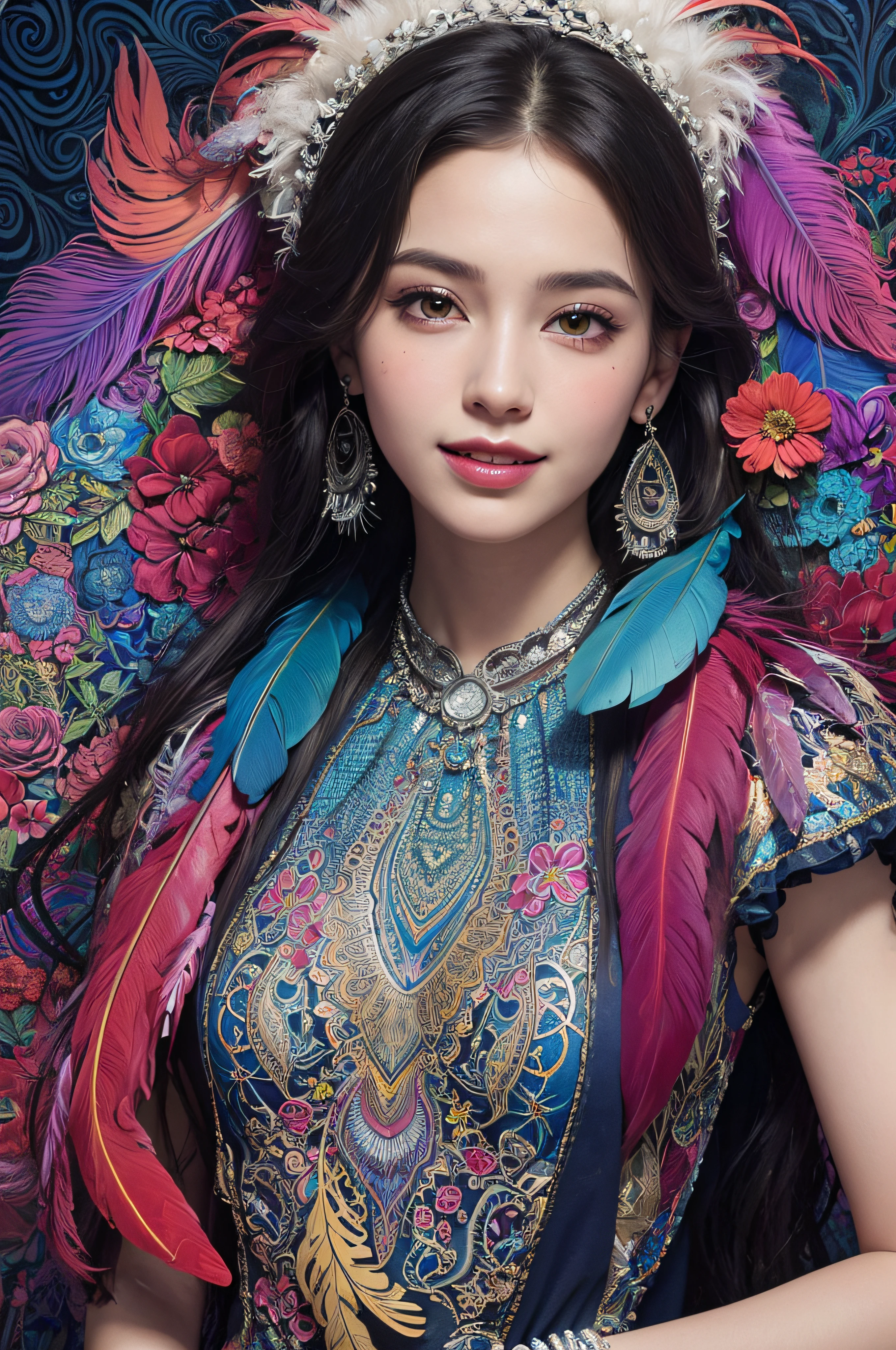 (masterpiece, top quality, best quality, official art, beautiful and aesthetic:1.2), (1girl:1.3), smiling, extremely detailed,(fractal art:1.1),(colorful:1.1)(flowers:1.3),highest detailed,(zentangle:1.2), (abstract background:1.3), (shiny skin), (many colors:1.4), ,(earrings), (feathers:1.5),
